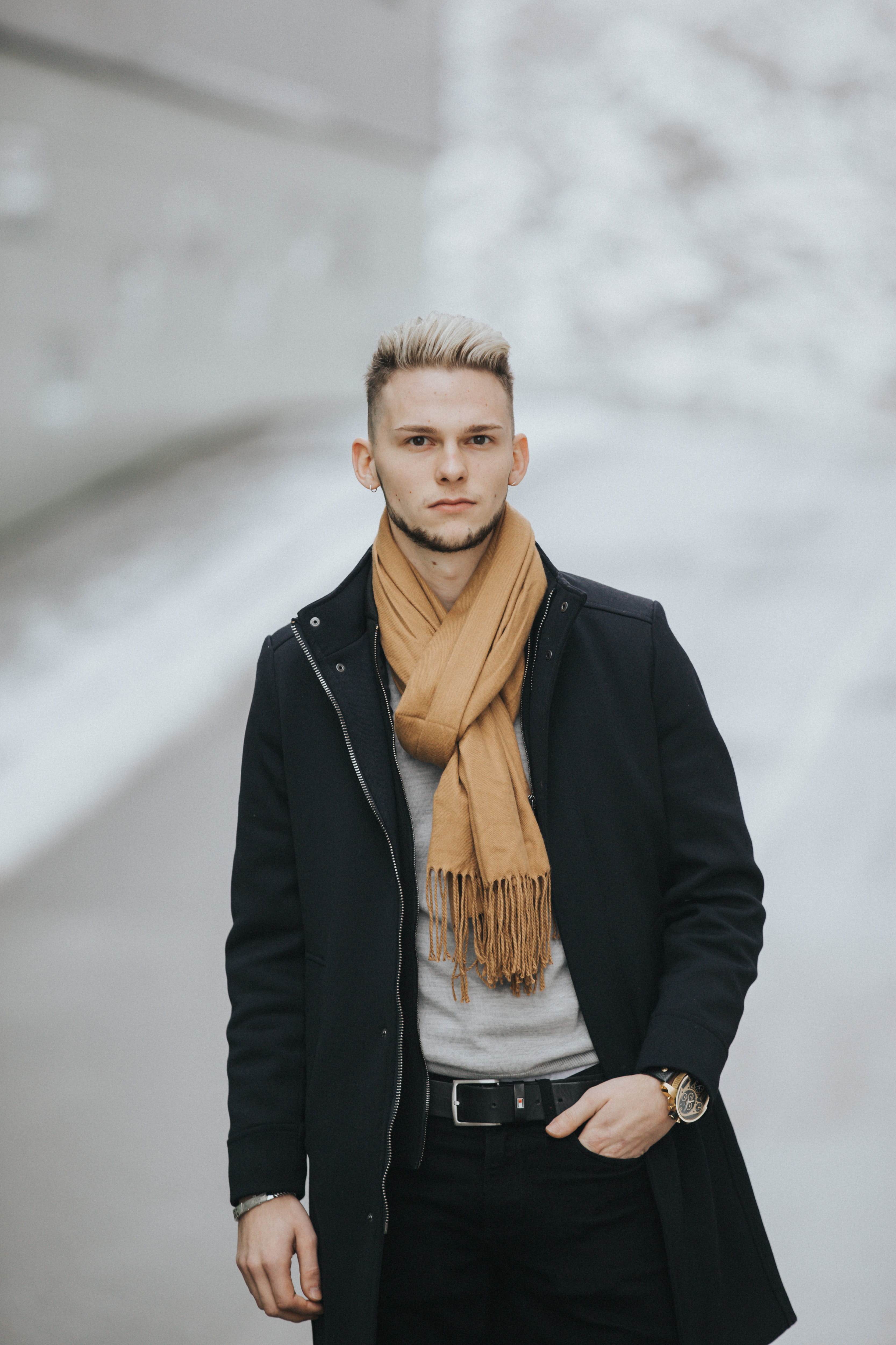male, leisure activity, looking at camera, clothing, suit, young adult, casual clothing, one person, scarf, focus on foreground, long sleeve, handsome, Phone HD Wallpaper