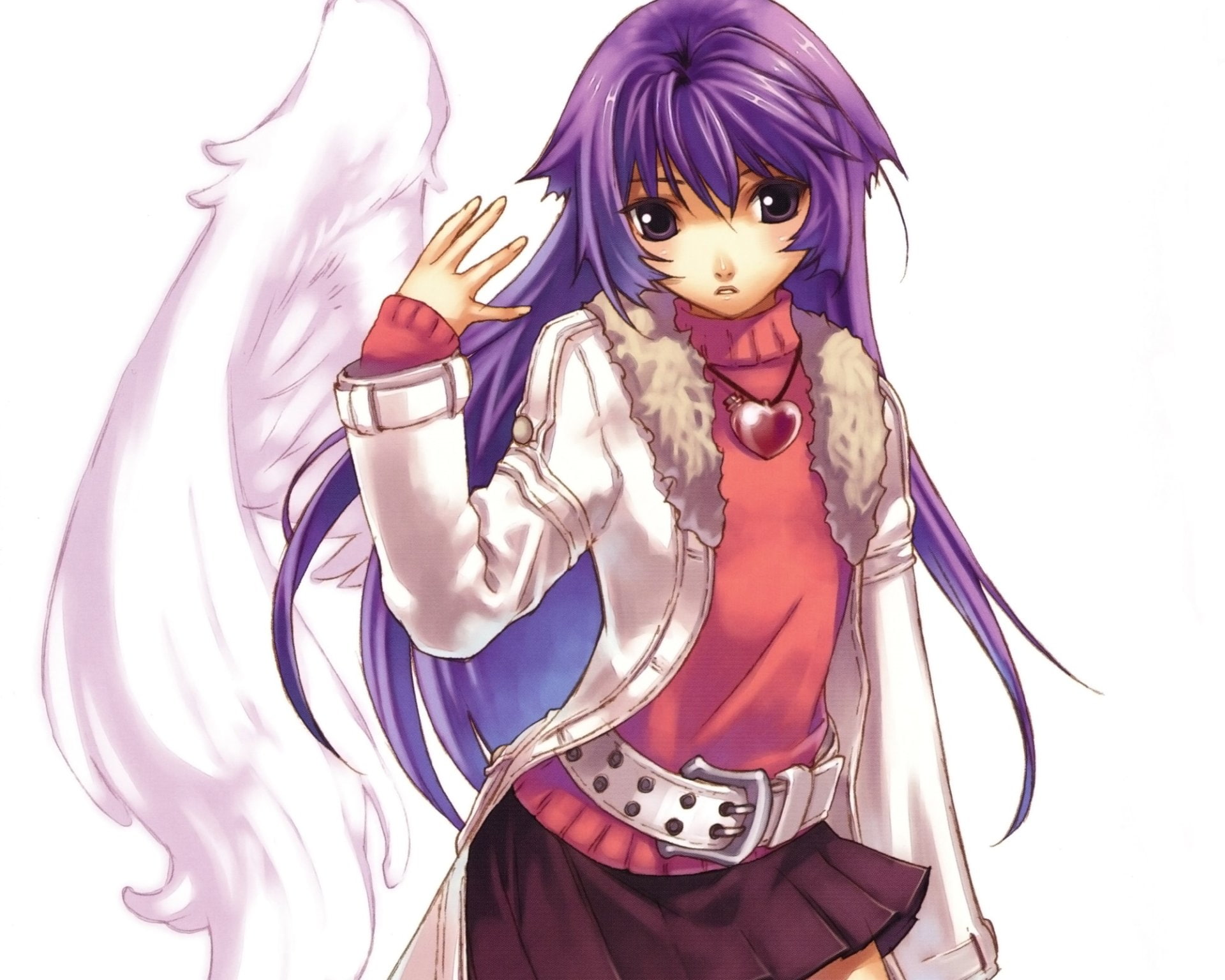 Angel, 1080P, Heart, Belt, Coat, Purple Eyes, Anime, Long Hair, Purple Hair, Wings, HD Wallpaper