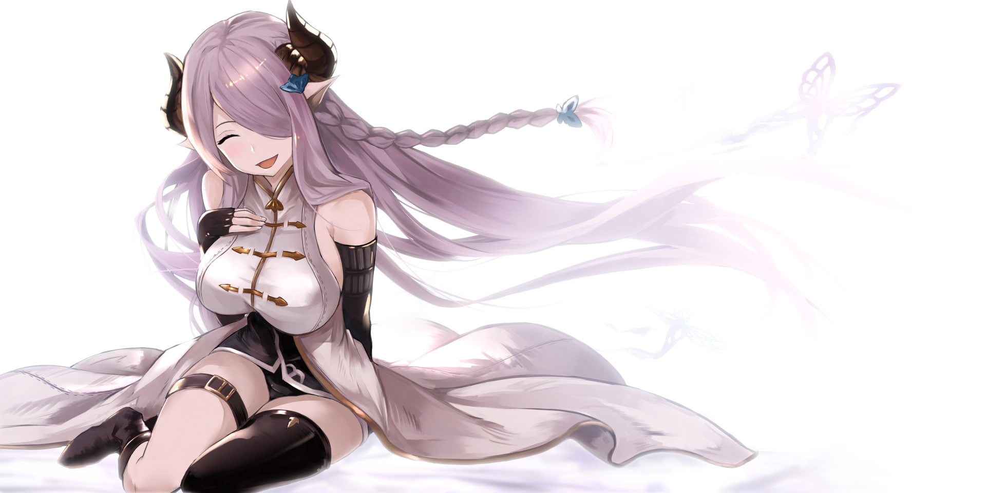 Braid, White Hair, 1080P, Horns, Thigh Highs, Granblue Fantasy, Smile, Butterfly, Long Hair, Dress, Glove, Narumeia (Granblue Fantasy), Anime, HD Wallpaper