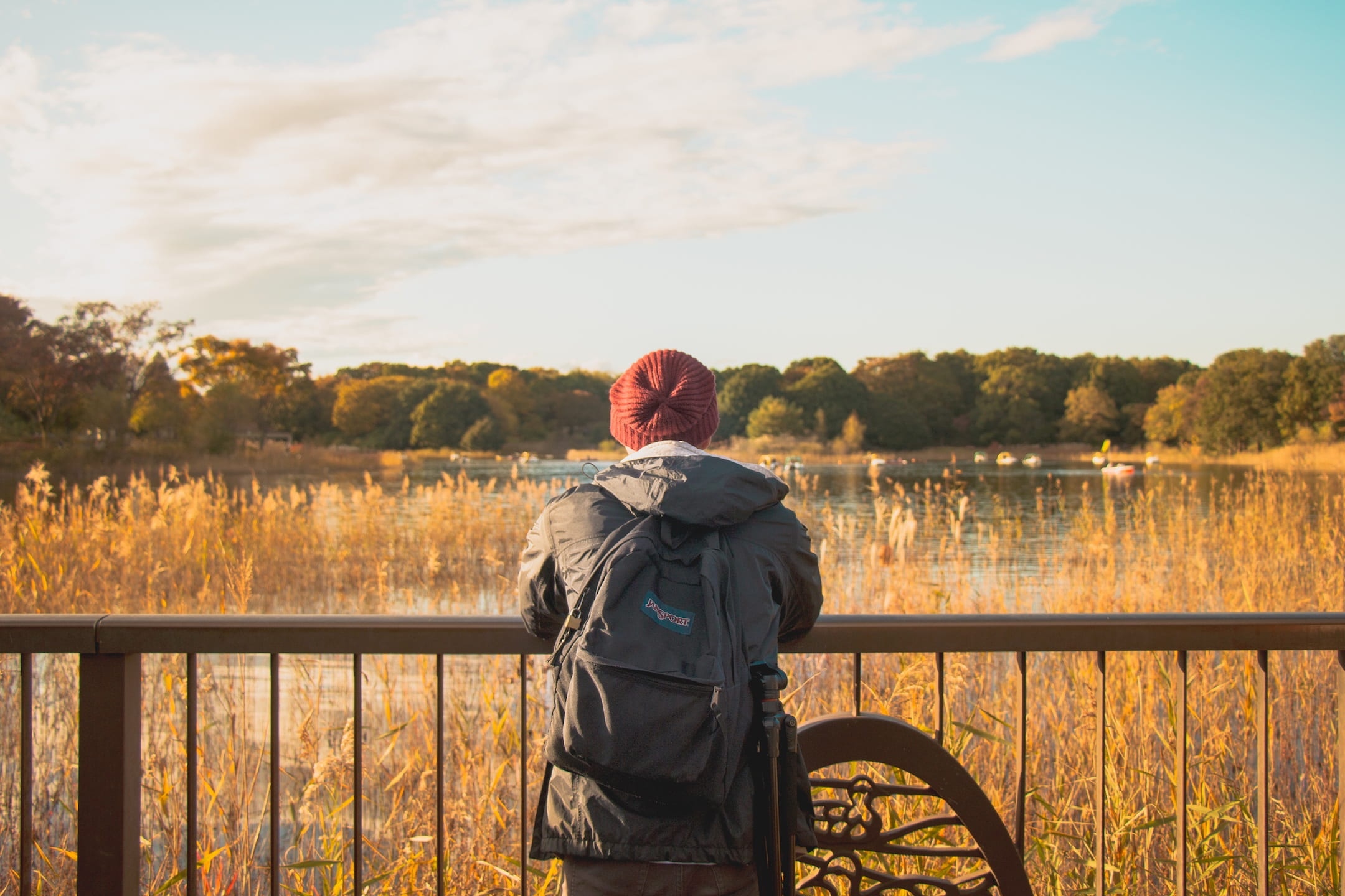 man, people, beauty in nature, jansport, one person, scenics - nature, cloud - sky, water, three quarter length, day, rear view, 1080P, nature, bags, trees, HD Wallpaper