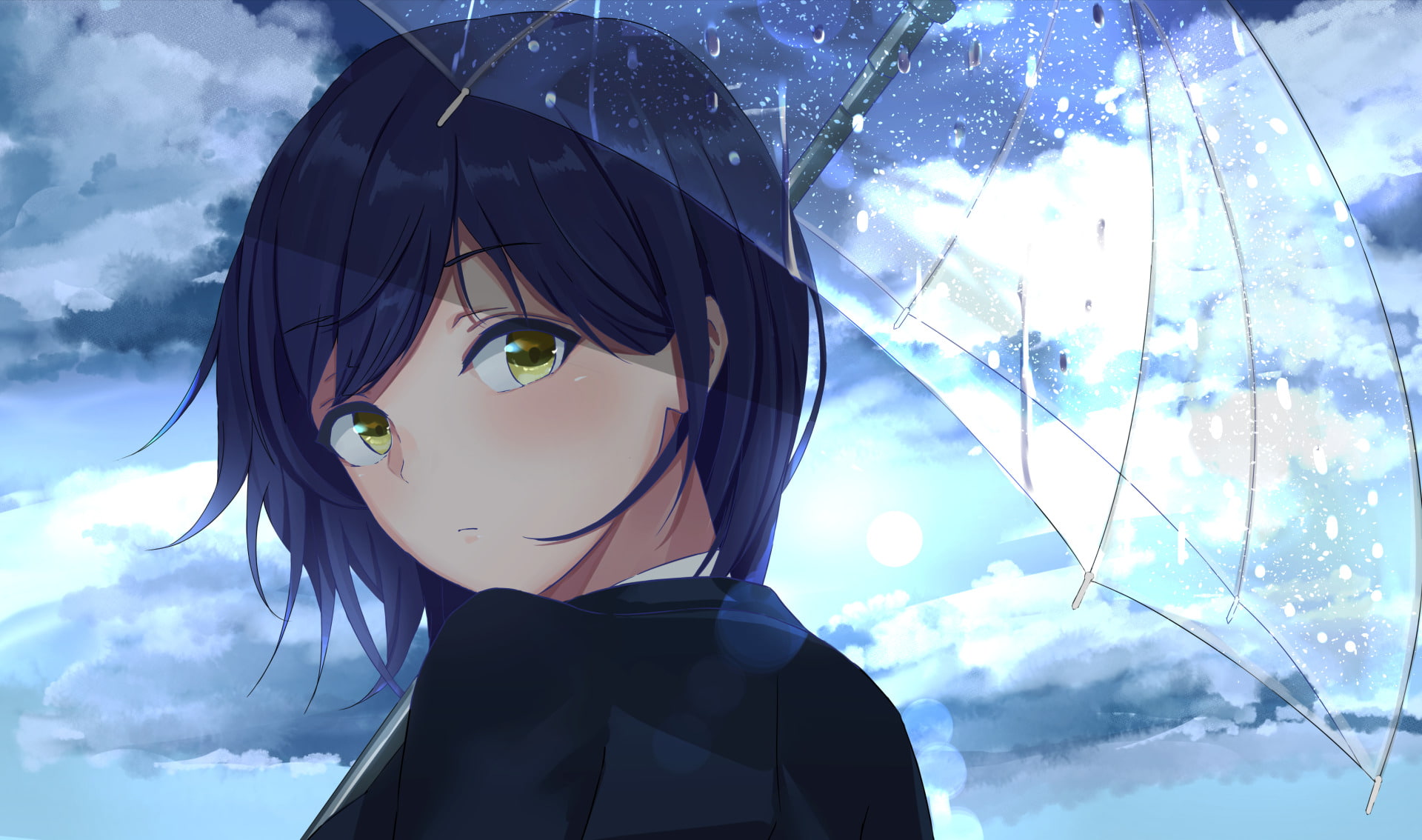 Black Hair, Sky, Blush, Anime, 1080P, Virtual Youtuber, Girl, Rin Shizuka, Yellow Eyes, Umbrella, Cloud, Short Hair, HD Wallpaper