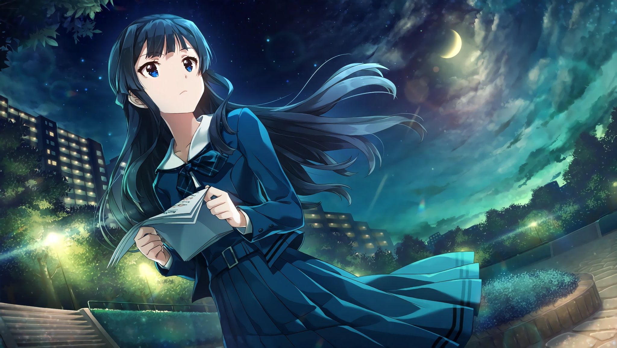 lights, star - space, technology, digital composite, mogami shizuka, women, young adult, school uniform, emotion, sky, Anime, nature, clouds, men, illuminated, HD Wallpaper