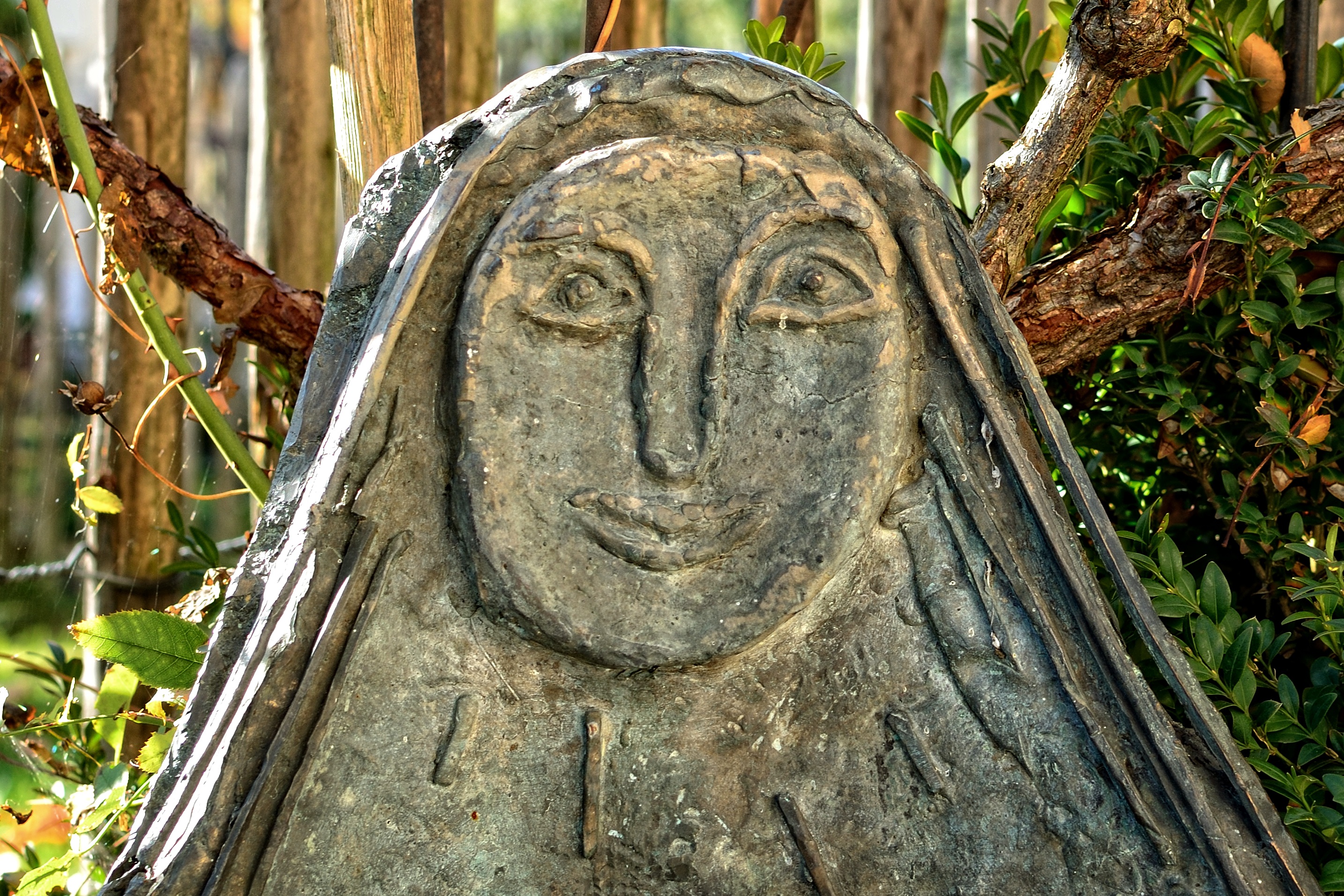 craft, religion, ceramic, day, tree, face, spirituality, garden statue, cast iron figure, creativity, focus on foreground, carving, angel, female likeness, HD Wallpaper