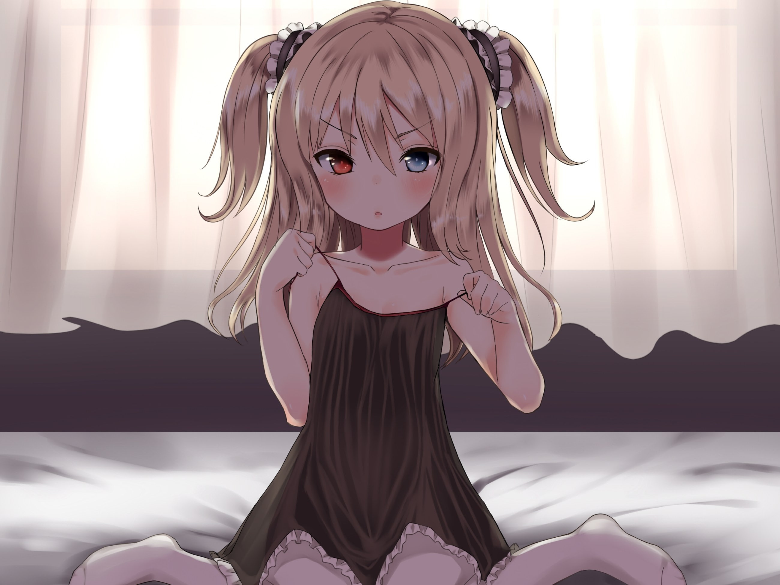 home interior, child, Room, hairstyle, curtain, Blonde, front view, childhood, day, leisure activity, looking at camera, Bed, blond hair, girls, Girl, sitting, HD Wallpaper