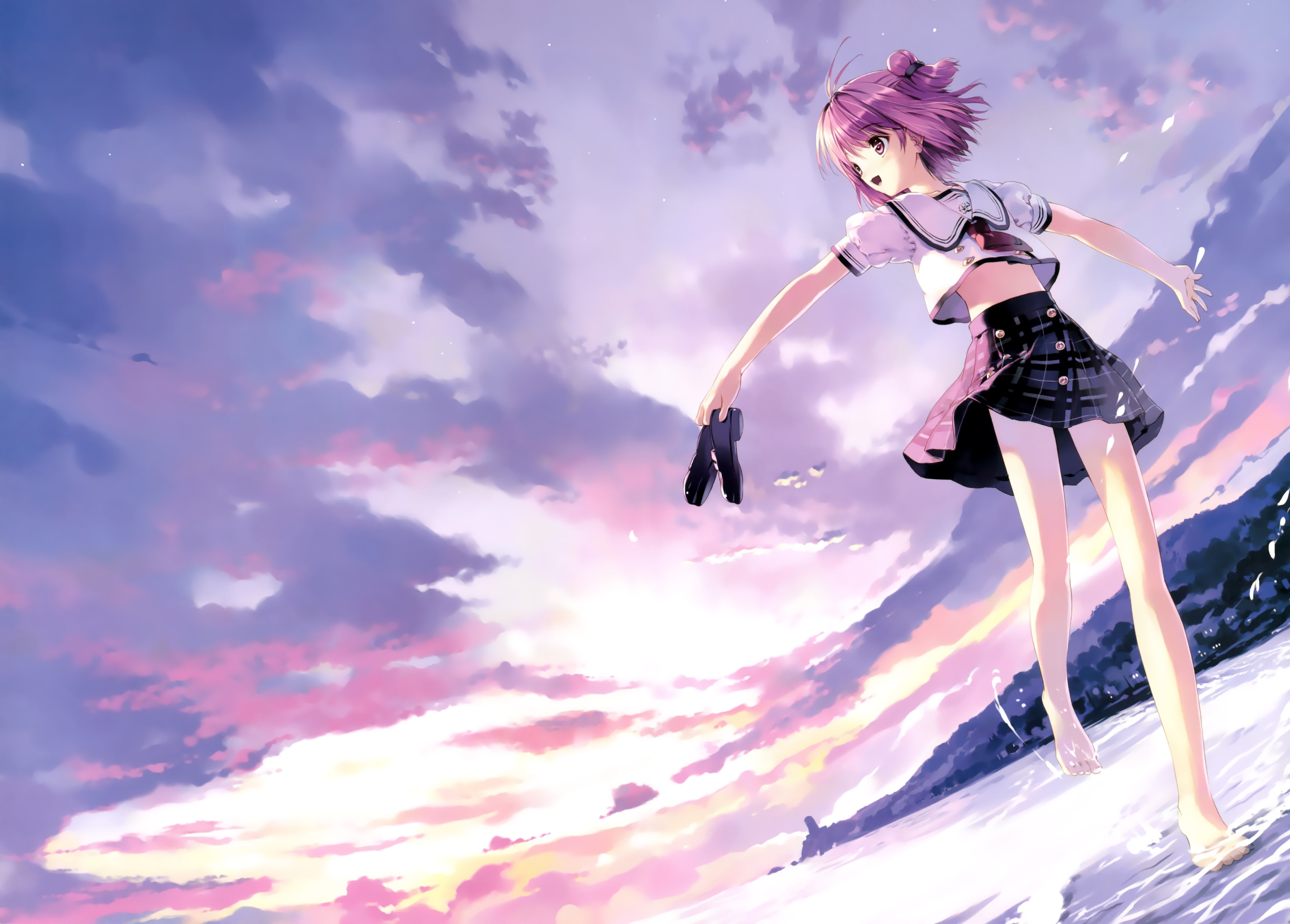 water, yuuhi, hair, hinata, yori, barefoot, sky, ashita, sekai, pink, ryou, 2K, ueda, soshite, clouds, HD Wallpaper