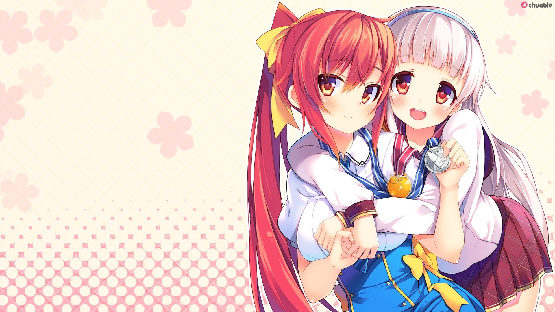 visual, visual novel, akatsuki, school, school uniform, ayame, himekami, uniform, himekami ayame, akatsuki arisa, 1080P, arisa, ponytail, crossover, novel, HD Wallpaper