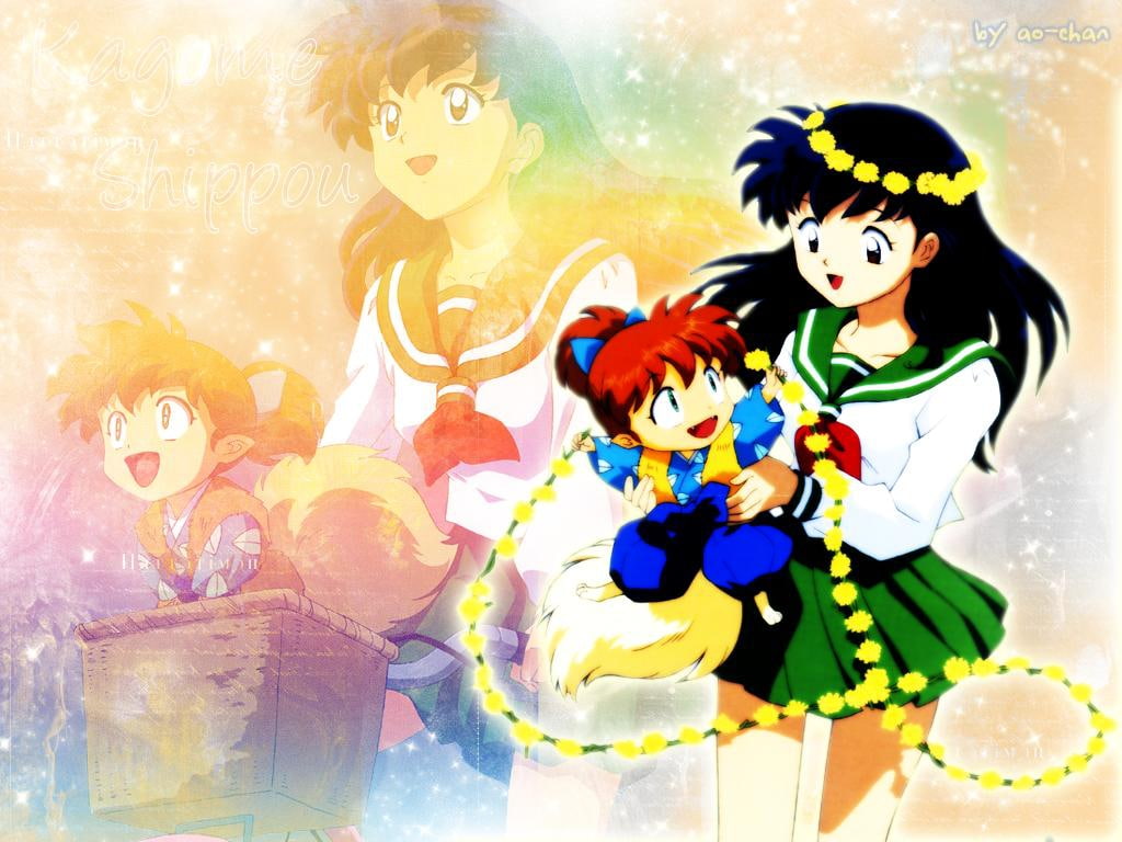 Kagome, friendship, anime, colorful, Inuyasha, Demon, hd, Fox, 480P, art, Shippo, Flowers, HD Wallpaper