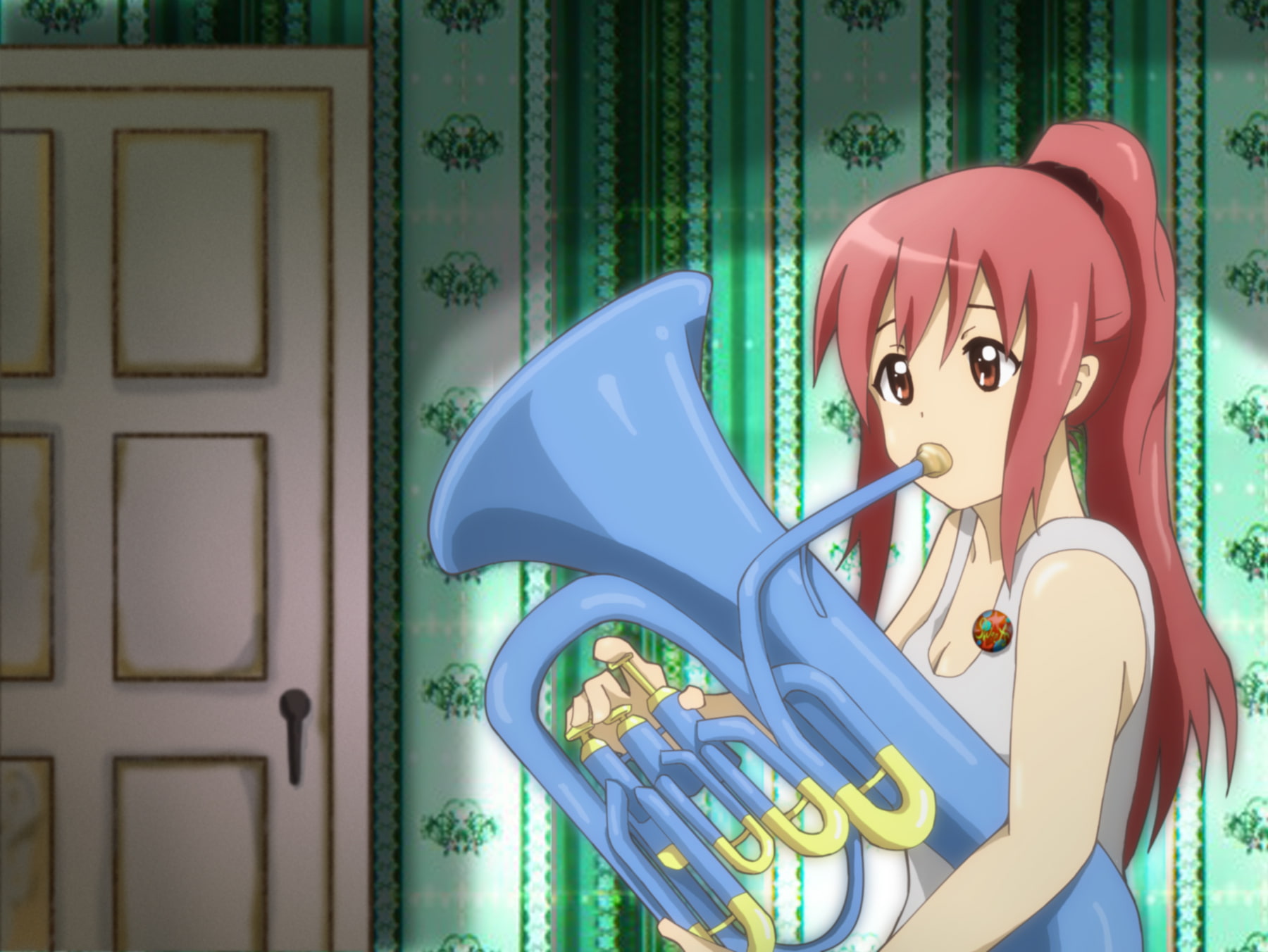 ponytail, miura, long, k on, brown, 720P, akane, instrument, hair, amaru, eyes, cleavage, keiichi, pink, HD Wallpaper
