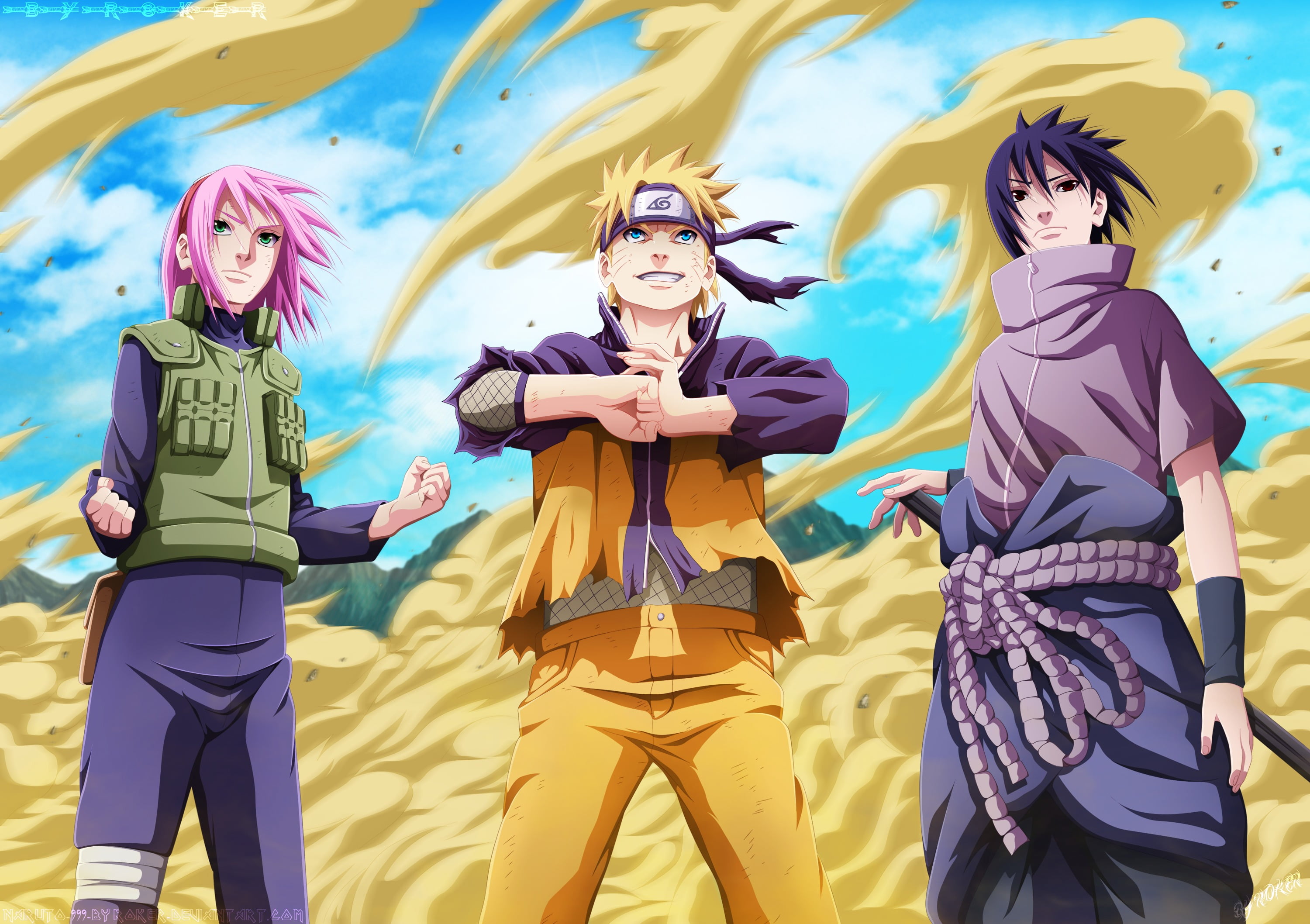 illustration, art and craft, human representation, sasuke, young women, mood, naruto999-by-roker, clothing, adult, haruno sakura, blue, standing, day, creativity, HD Wallpaper