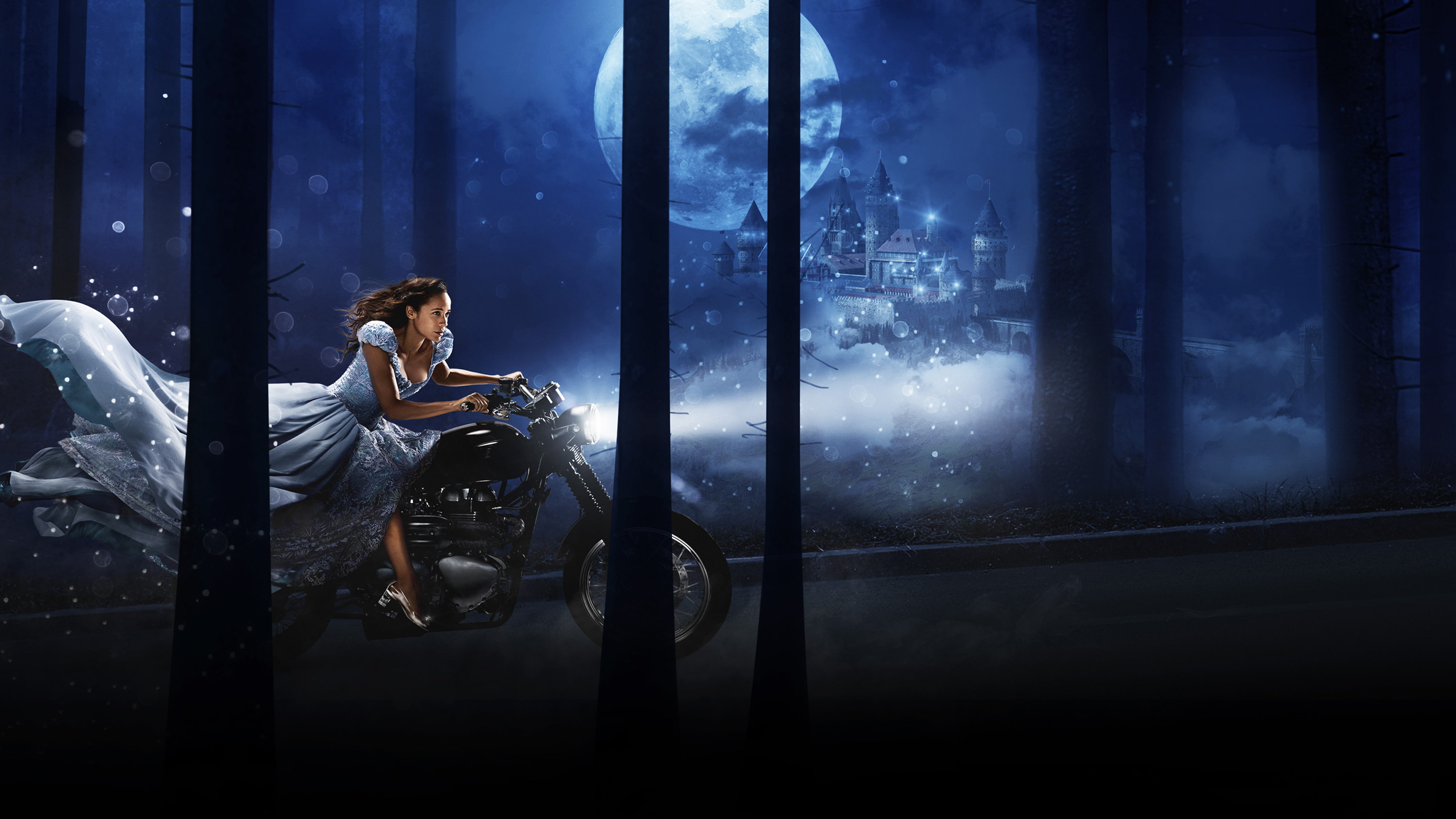 Jacinda, Season 7, skies, rides, moon, full, 4K, dress, Dania Ramirez, woman, black, gray, motorcycle, 4K, Once Upon a Time, HD Wallpaper