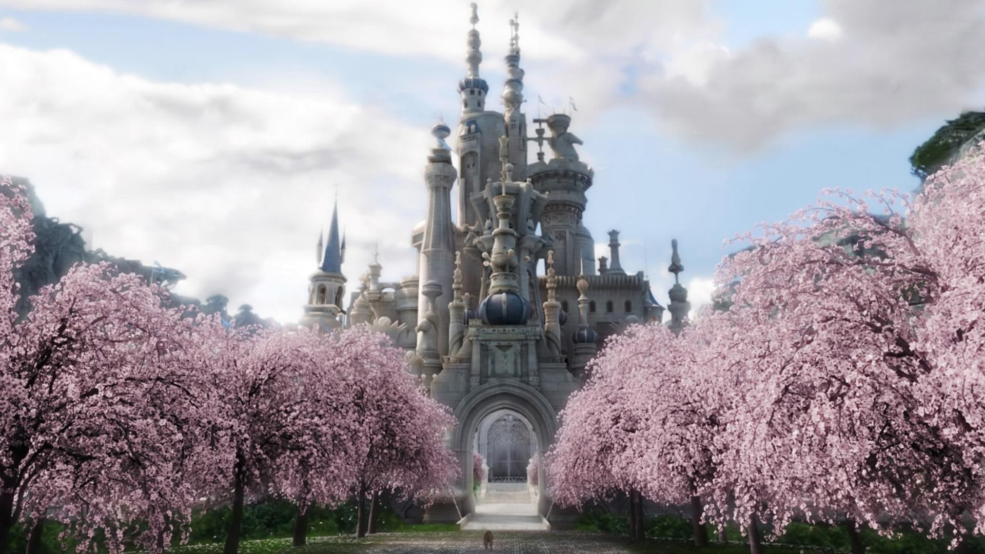 towers, castle, stone, sakura, land, ancient, architecture, path, shapes, lscape, trees, grass, blue, 1080P, clouds, nature, HD Wallpaper