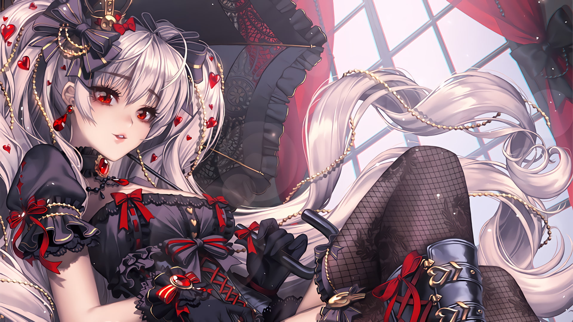 artwork, thigh-highs, 1080P, twintails, Kutsumiya Yuuzuki, red eyes, gloves, ribbon, anime girls, anime, Furyou Michi ~Gang Road~, HD Wallpaper