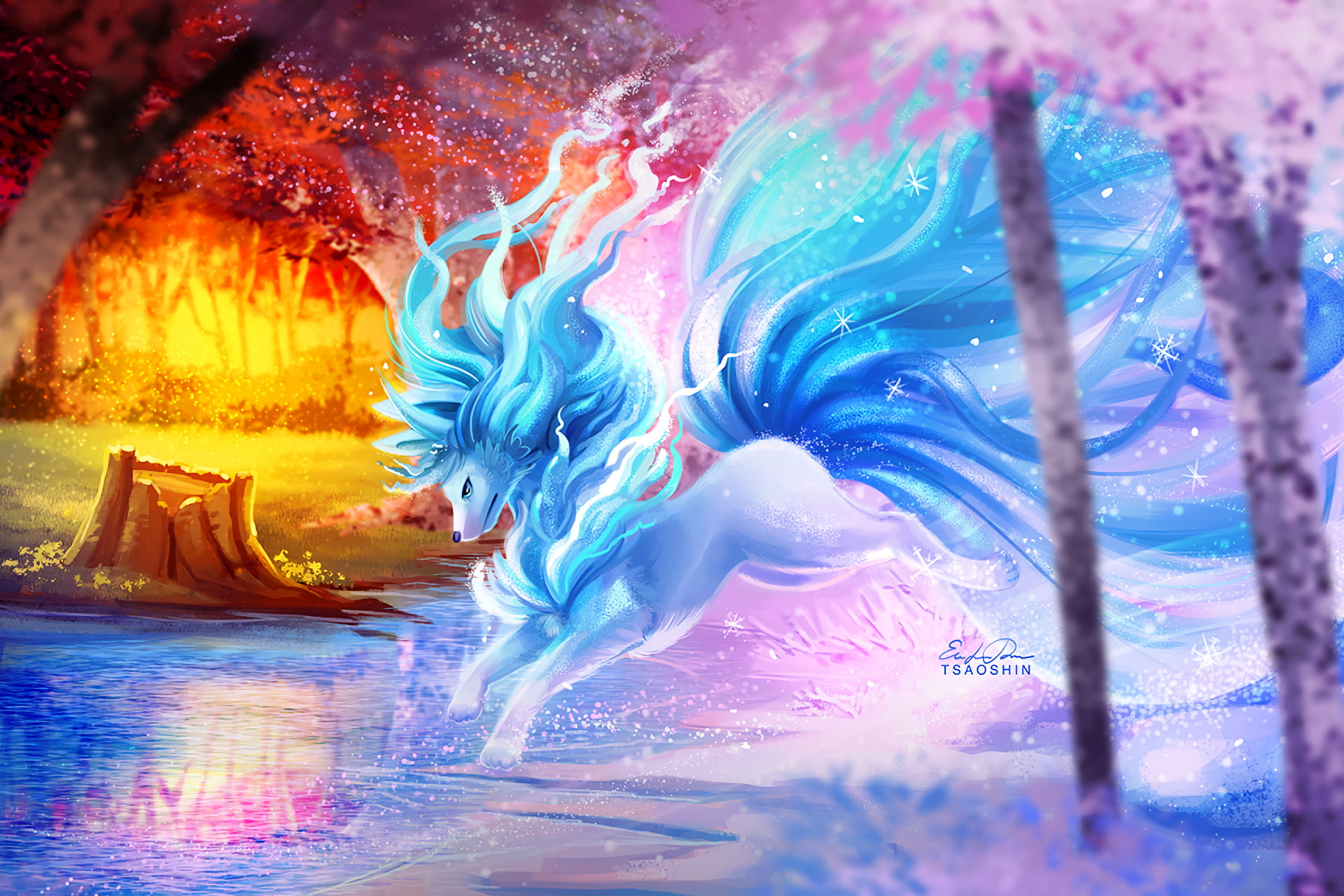 no people, Alolan Nintetales, Pokémon, outdoors, creativity, flowing, paint, motion, flowing water, underwater, glowing, Pokémon Sun And Moon, sea, 1080P, HD Wallpaper