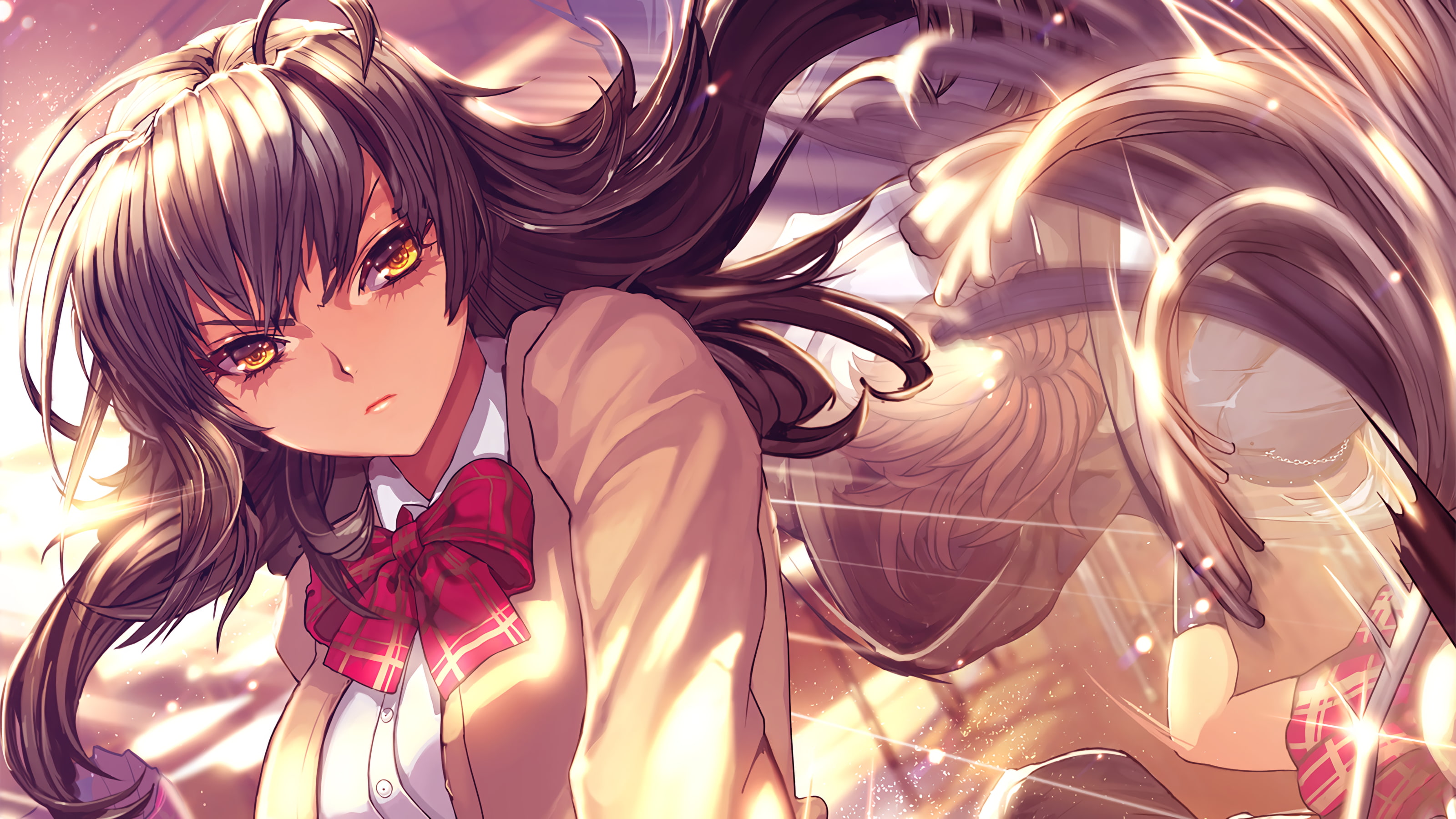 school uniform, anime, 2K, anime girls, Furyou Michi ~Gang Road~, ribbon, artwork, brunette, yellow eyes, HD Wallpaper