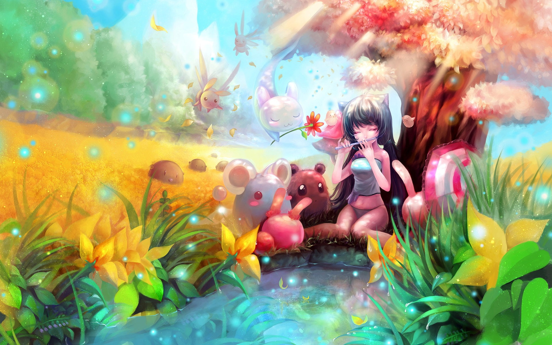1080P, little, Girl, Cartoon, playing, tree, flute, HD Wallpaper
