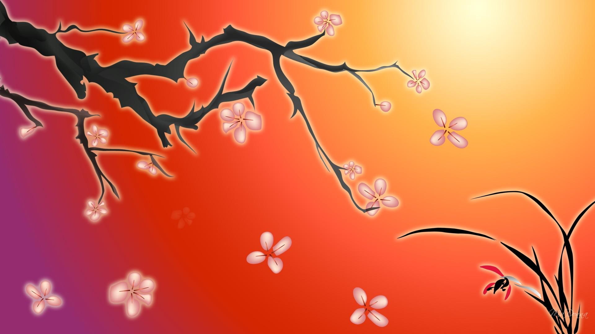 oriental, tree, cherry, firefox persona, orange, blossoms, sunrise, sky, plants, sunset, 3d and abst, 1080P, sakura, HD Wallpaper