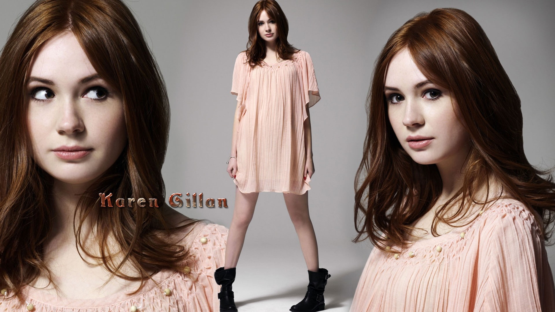 1080P, face, collage, redhead, legs, women, dress, Karen Gillan, shoes, HD Wallpaper