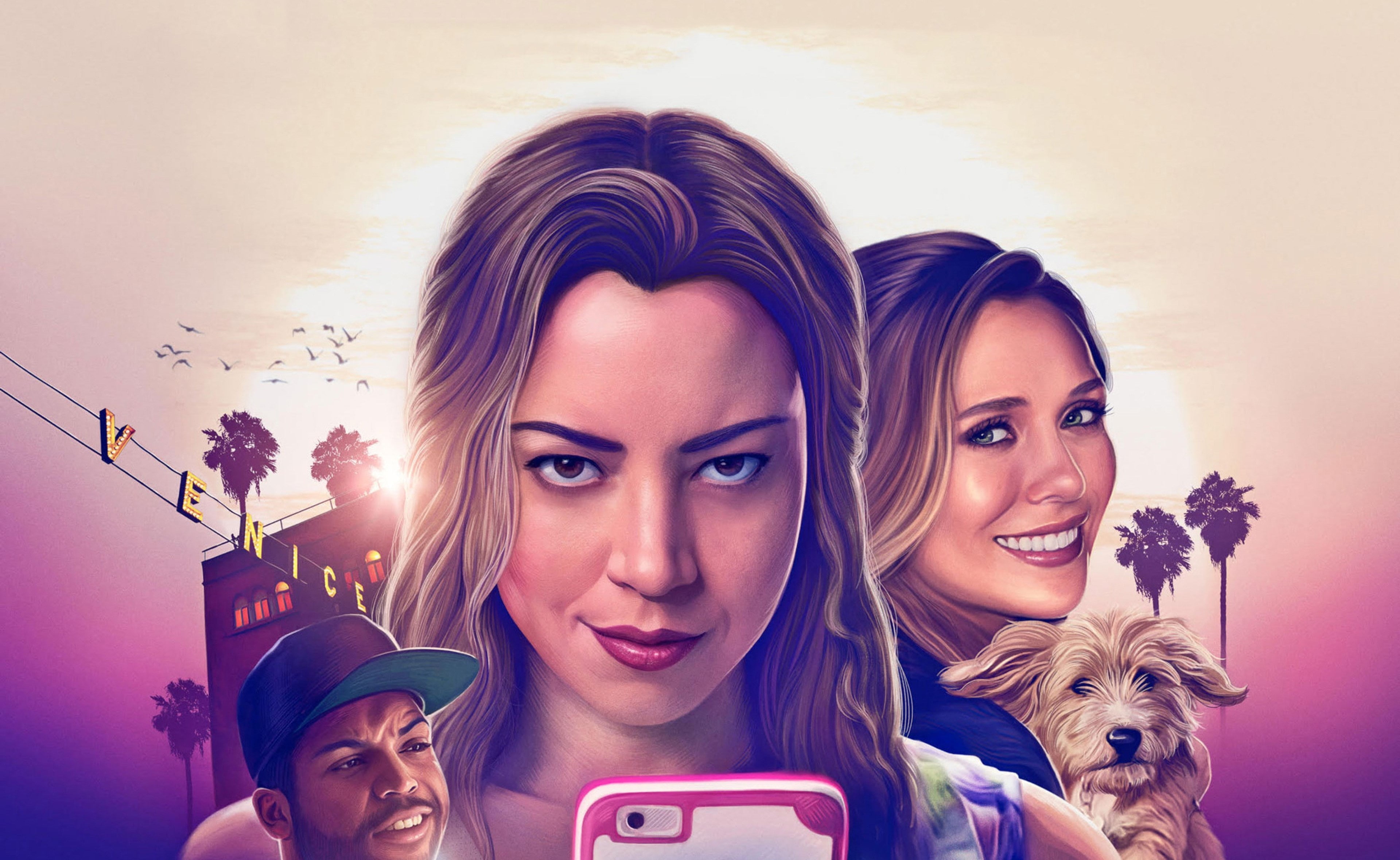 4K, man, Ingrid Goes West, blonde, film, Aubrey Plaza, OShea Jackson Jr., movie, girl, dog, cinema, smartphone, Elizabeth Olsen, HD Wallpaper