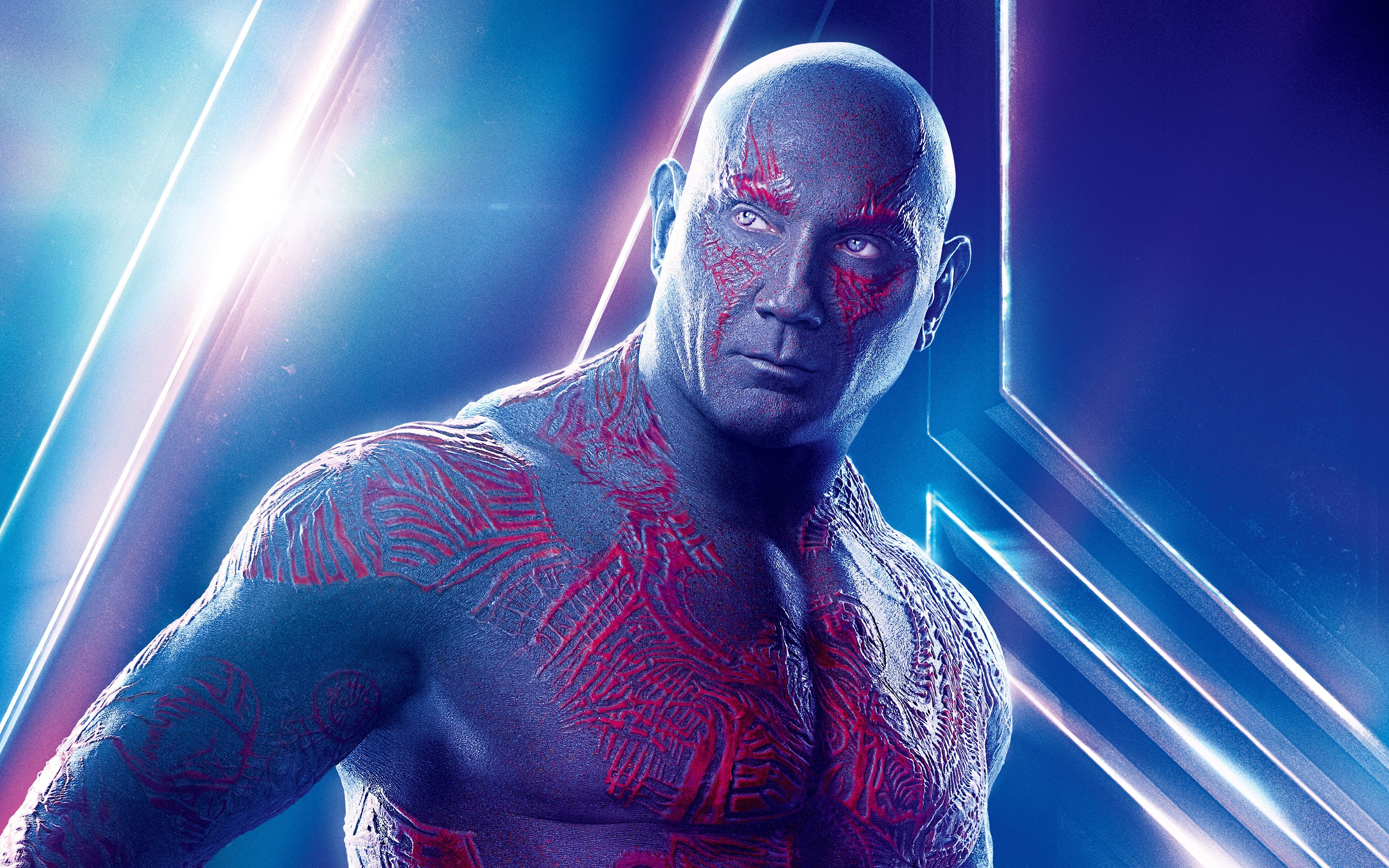 portrait, young men, avengers, looking at camera, shaved head, men, indoors, red, illuminated, dave, adult, front view, war, horror, spooky, bautista, waist up, HD Wallpaper