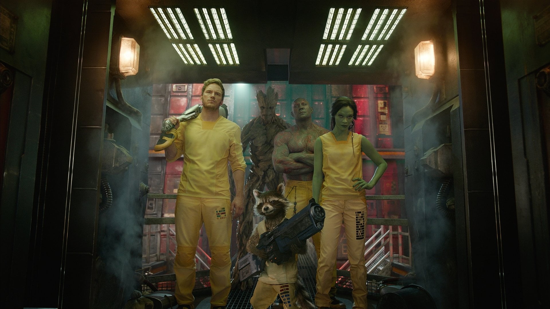 human representation, standing, group of people, Dave Bautista, Chris Pratt, yellow, Movie, Groot, architecture, Gamora, adult, creativity, male likeness, HD Wallpaper