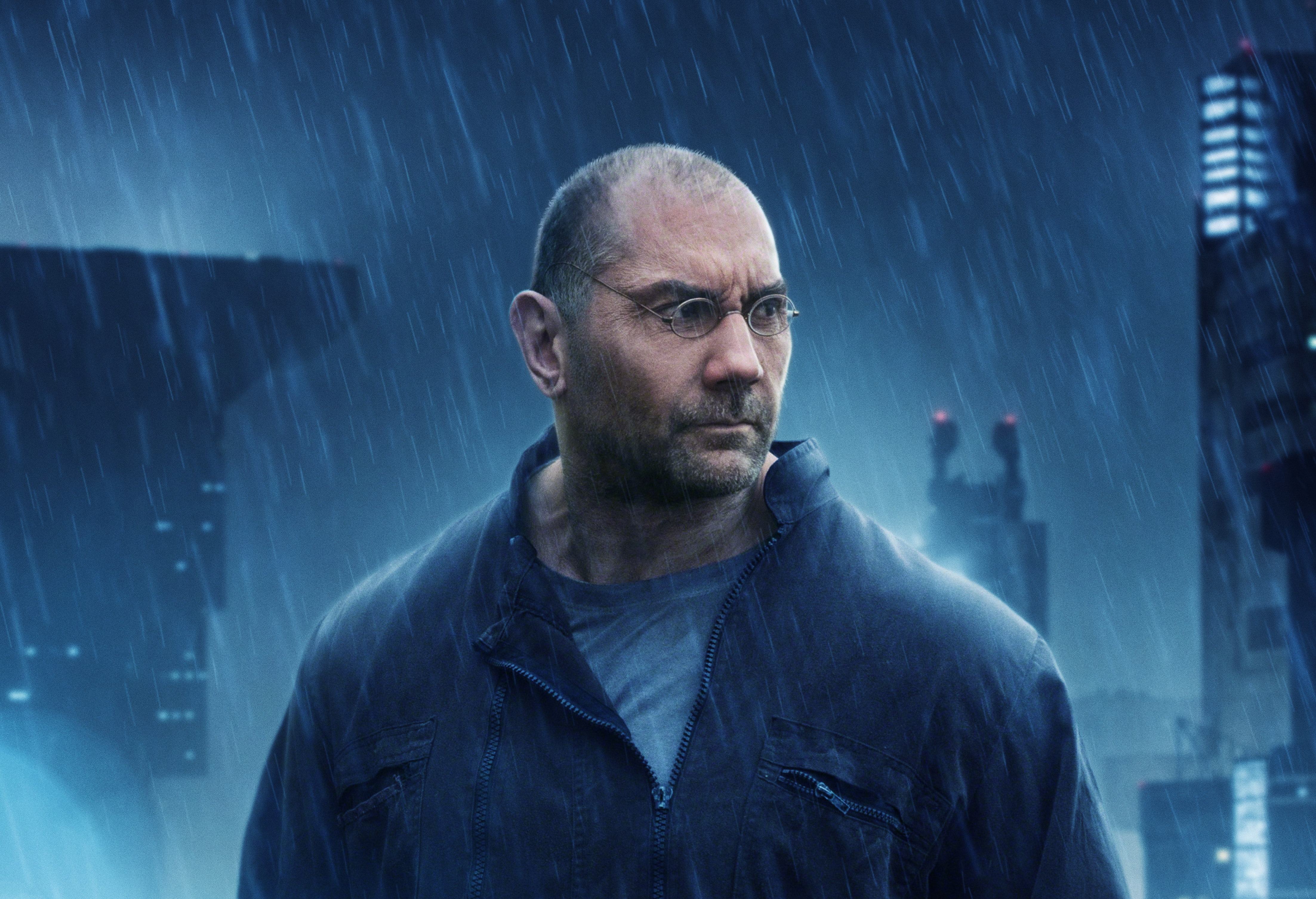 front view, blade, headshot, serious, rain, facial hair, 4K, one person, emotion, portrait, runner, gray hair, digital composite, blue, mature men, mature adult, HD Wallpaper