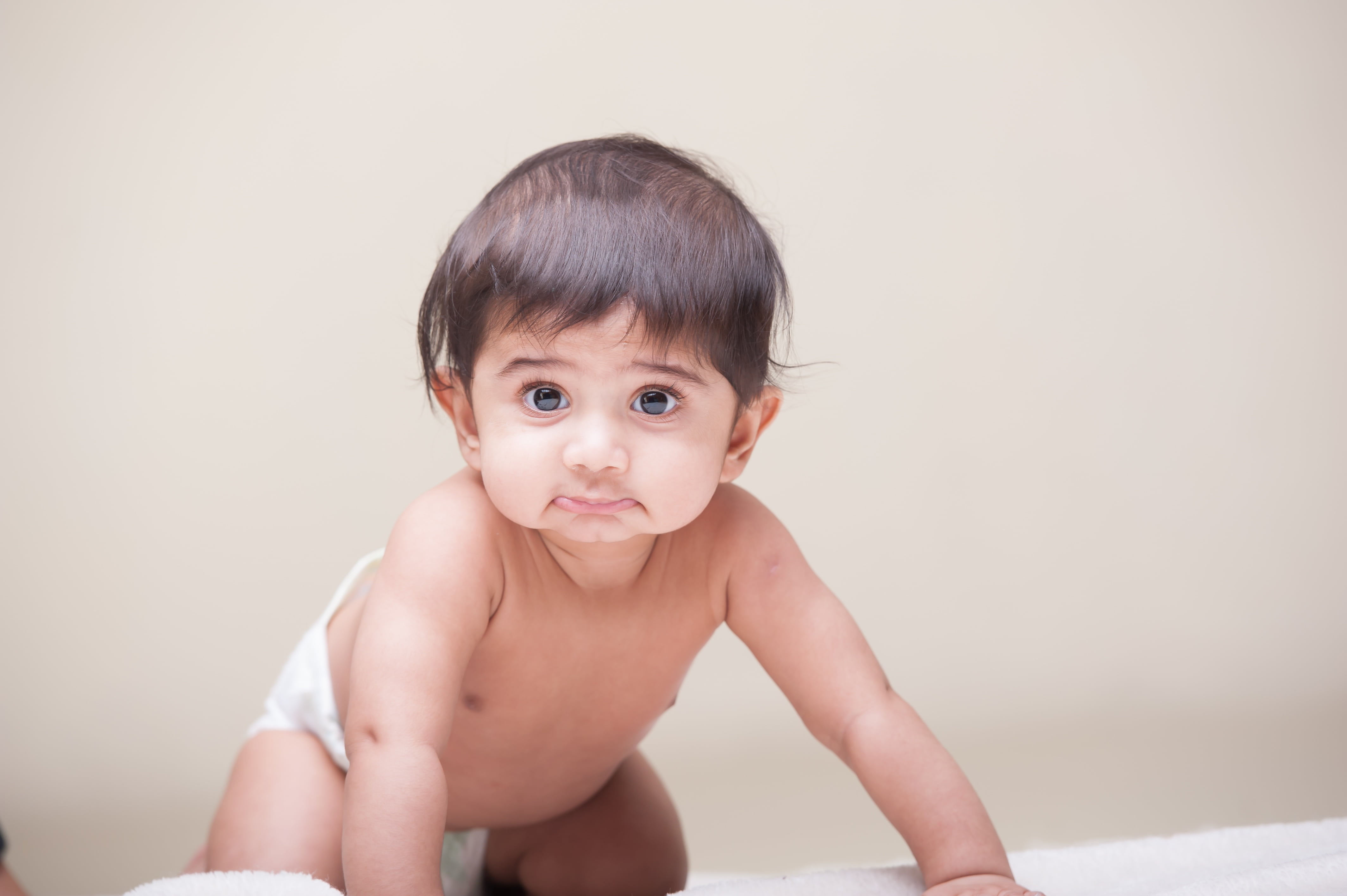 hairstyle, funny, chest, cute, 4K, young, diaper, portrait, brown hair, child, one person, front view, todler, sitting, baby, one-year, indoors, innocence, HD Wallpaper