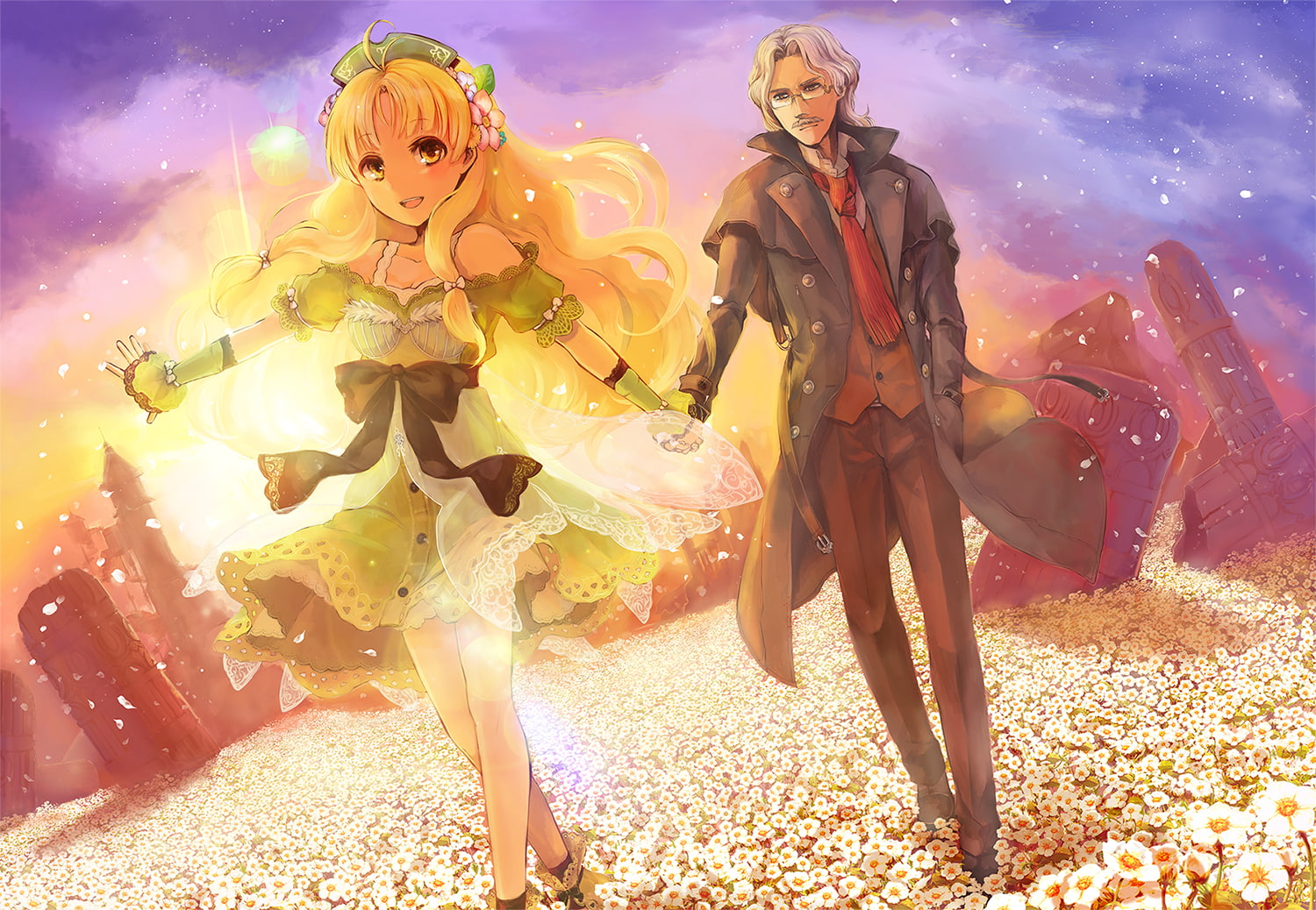 long, glasses, altugle, hazeldine, eyes, gloves, yellow, blonde, hair, dress, white, 720P, ayesha, flowers, atelier, headdress, keithgrif, HD Wallpaper