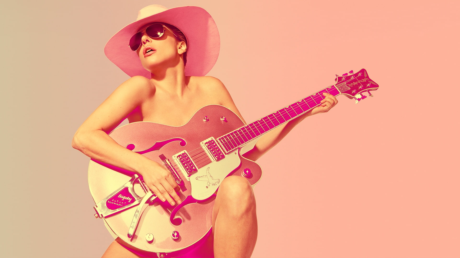 singer, guitar, photoshop, Lady GaGa, 1080P, the sun, glasses, background, SNL, Mary Ellen Matthews, makeup, hat, HD Wallpaper