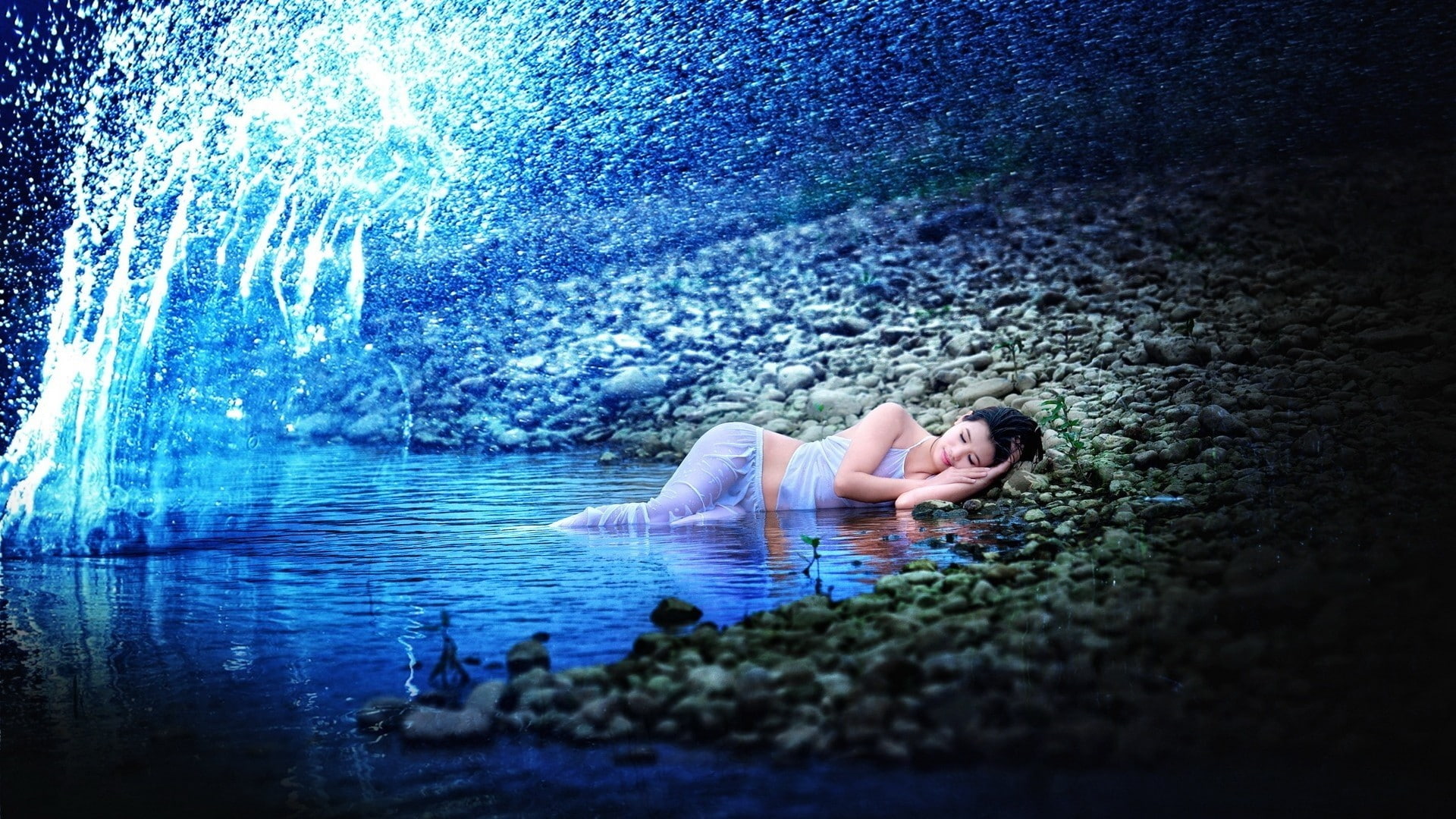 women, rock, 1080P, river, closed eyes, white, splashes, clothing, closed, wet clothing, wet, eyes, white clothing, HD Wallpaper