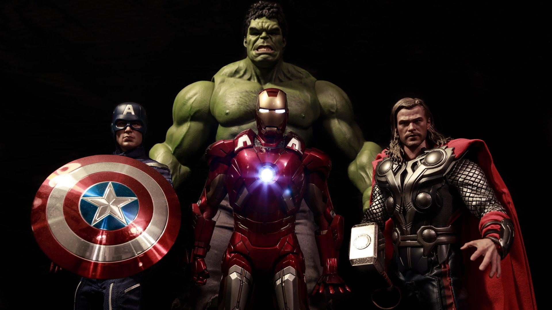 front view, men, human representation, sculpture, illuminated, representation, america, marvel, night, multi colored, iron, figurine, captain, HD Wallpaper