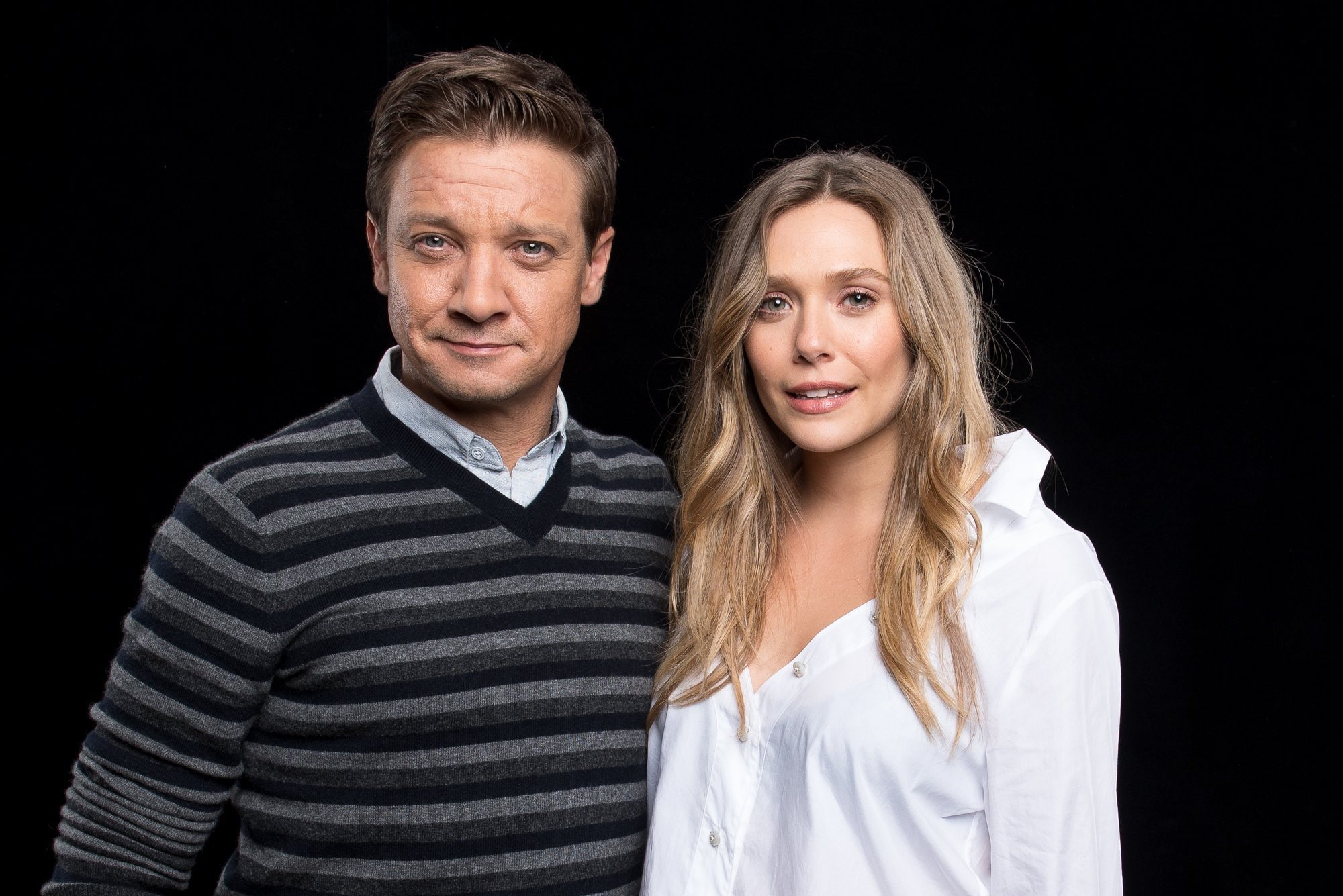 look, actress, smile, 1080P, actor, Jeremy Renner, hair, two, Elizabeth Olsen, HD Wallpaper