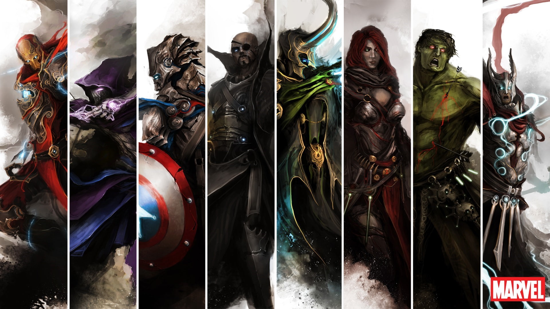 arrow comics heroes medieval artwork the avengers iron man hawkeye nick fury black widow anime thor loki captain america hulk panels, 1080P, HD Wallpaper