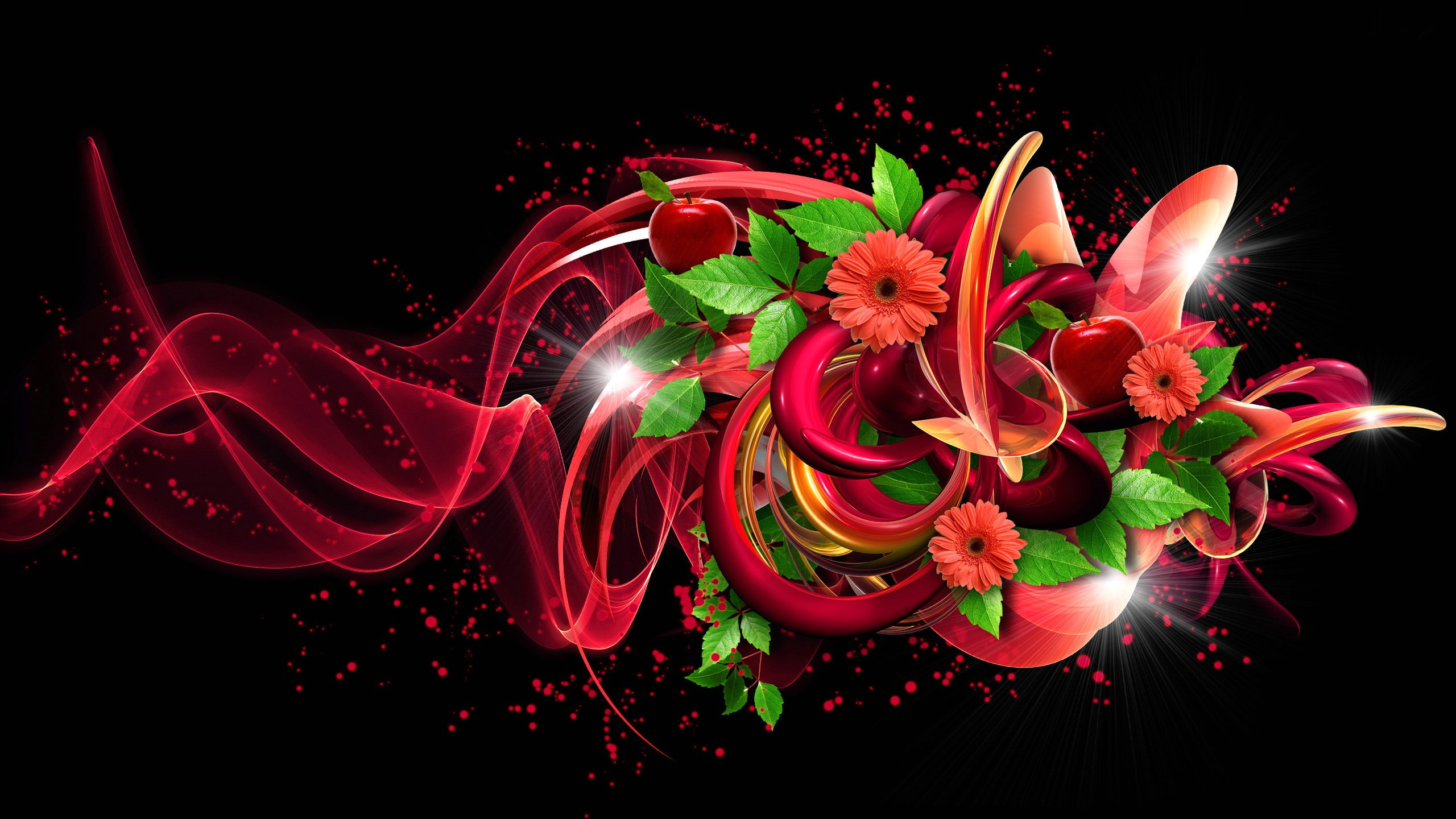 apples, collage, leaves, flowers, 2K, volume, HD Wallpaper