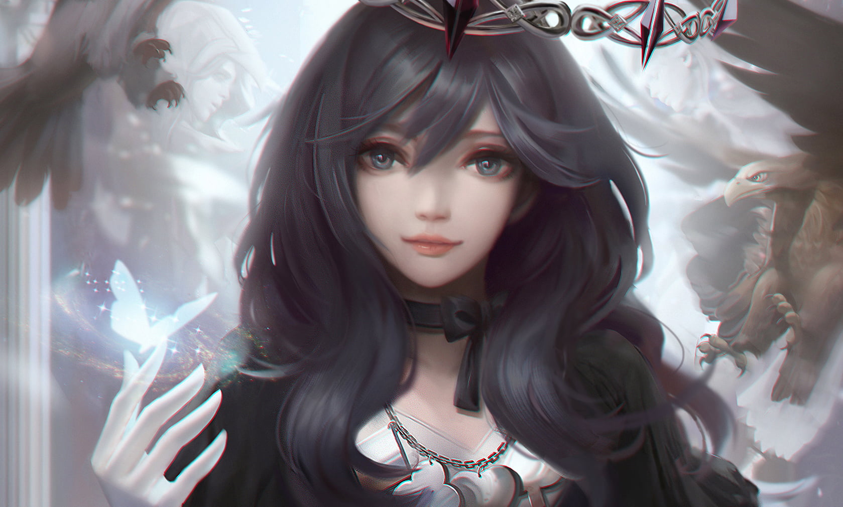 digital art, statue, magic, necklace, black hair, crow, fantasy girl, 720P, black eyes, hawk (animal), butterfly, HD Wallpaper