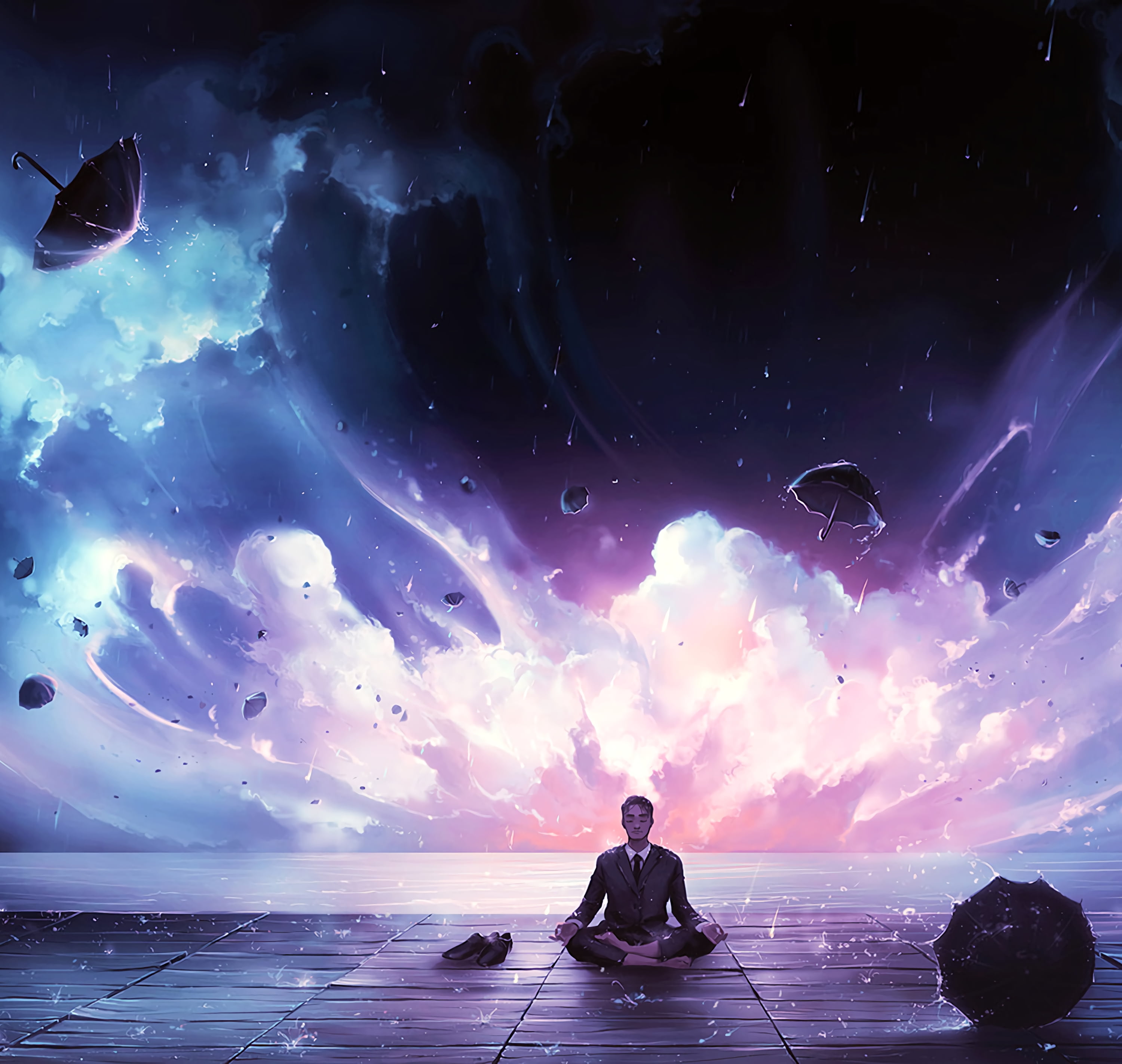 rain, occupation, outdoors, night, harmony, cloud - Sky, 2K, calmness, eureka, men, contemplation, sitting, young adult, businessman, people, nature, backgrounds, HD Wallpaper