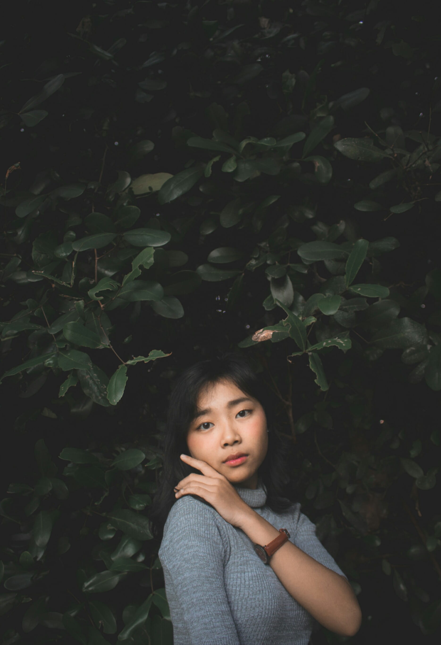 night life, plant, woman, indonesia, wearing, gray, women, contemplation, nature, black hair, tree, female, casual clothing, people, girl, plant part, portrait, Phone HD Wallpaper