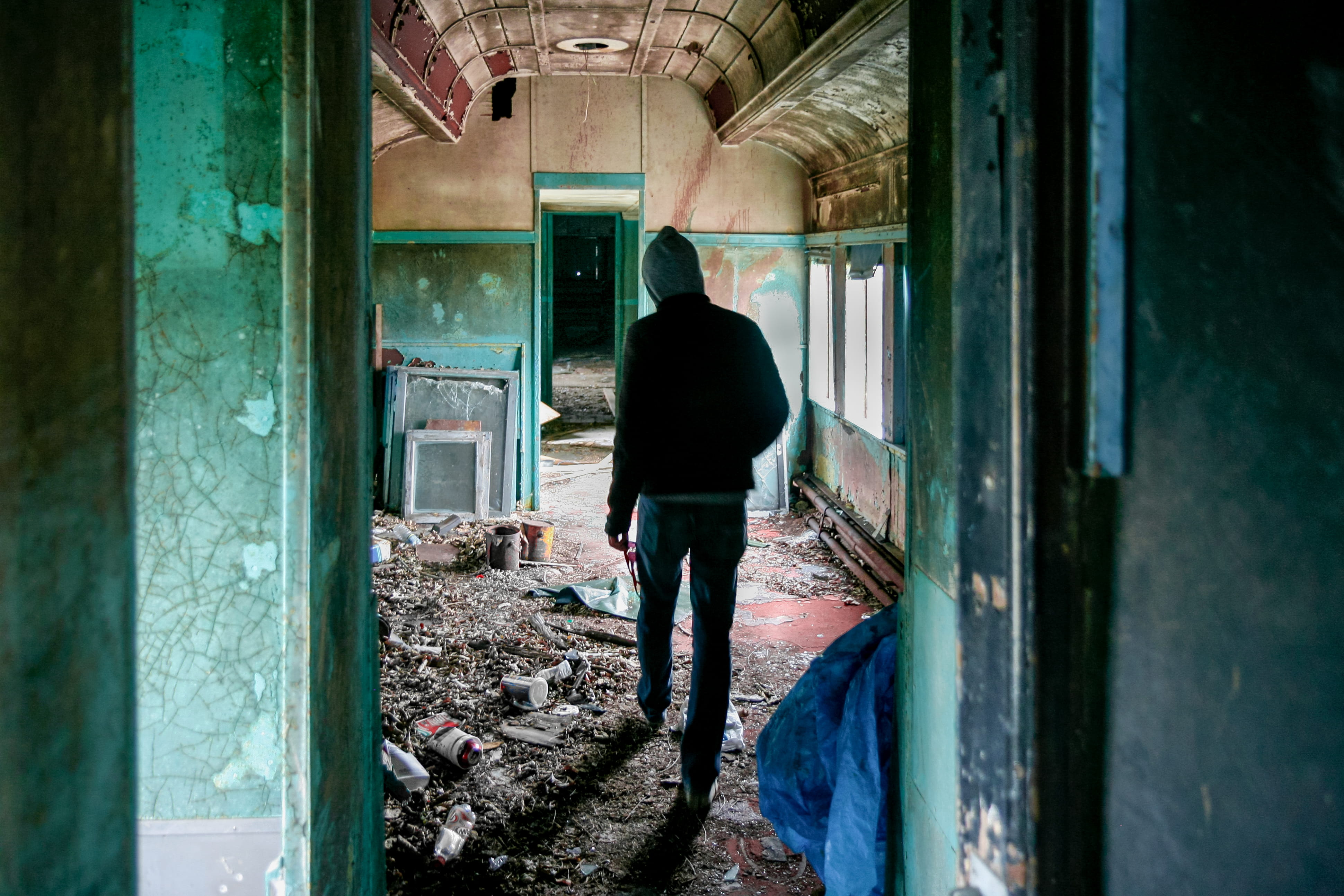 one person, deterioration, party, homeless, indoors, remains, adult, building, rear view, lifestyles, entrance, built structure, architecture, day, hangover, HD Wallpaper