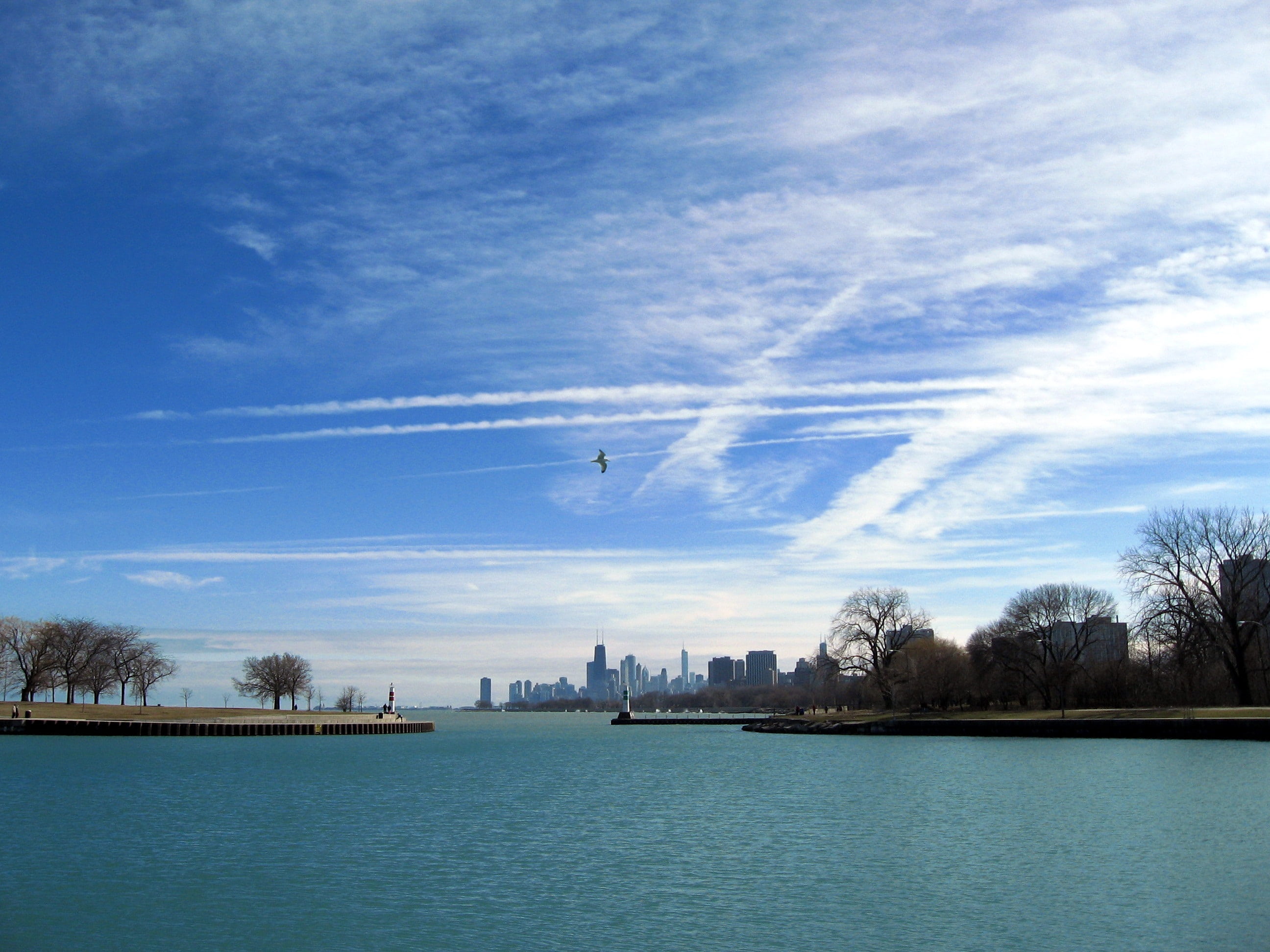 chemtrails, cloud - sky, blue, building, travel destinations, tree, lake, city, sky, day, clouds, 2K, built structure, travel, plant, no people, nature, HD Wallpaper