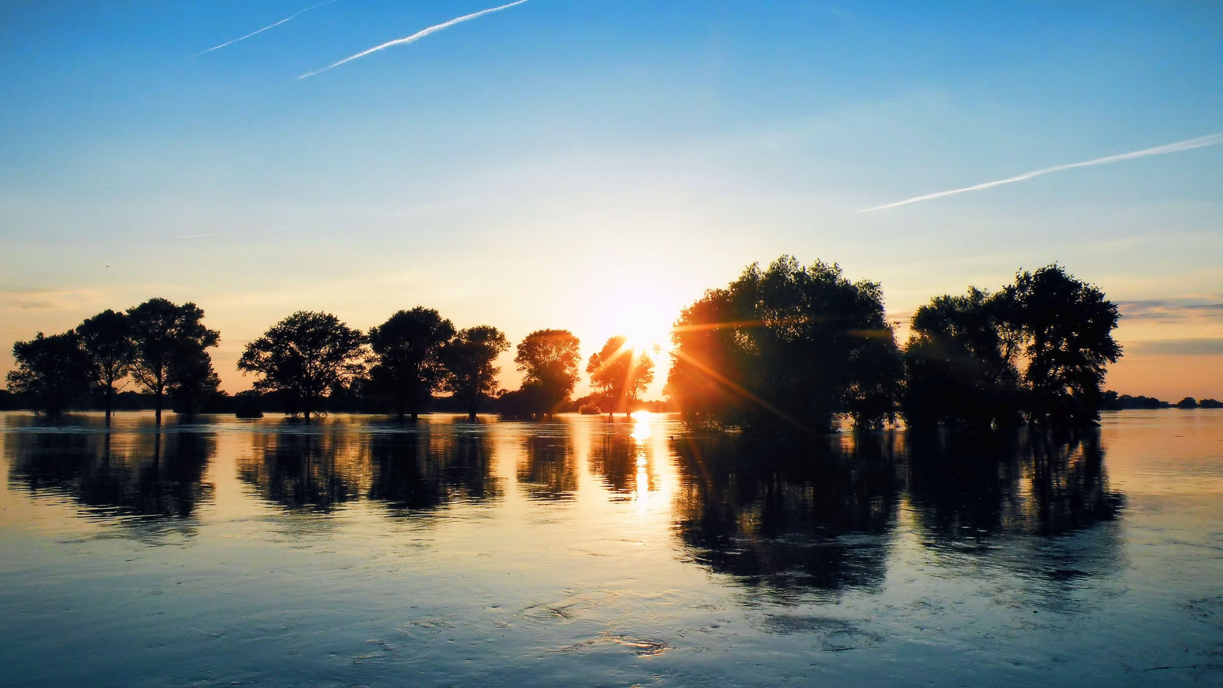 scenics - nature, ocean, lens flare, trees, chemtrails, silhouette, non-urban scene, no people, idyllic, sky, tranquil scene, river, view, dawn, sunrise, HD Wallpaper