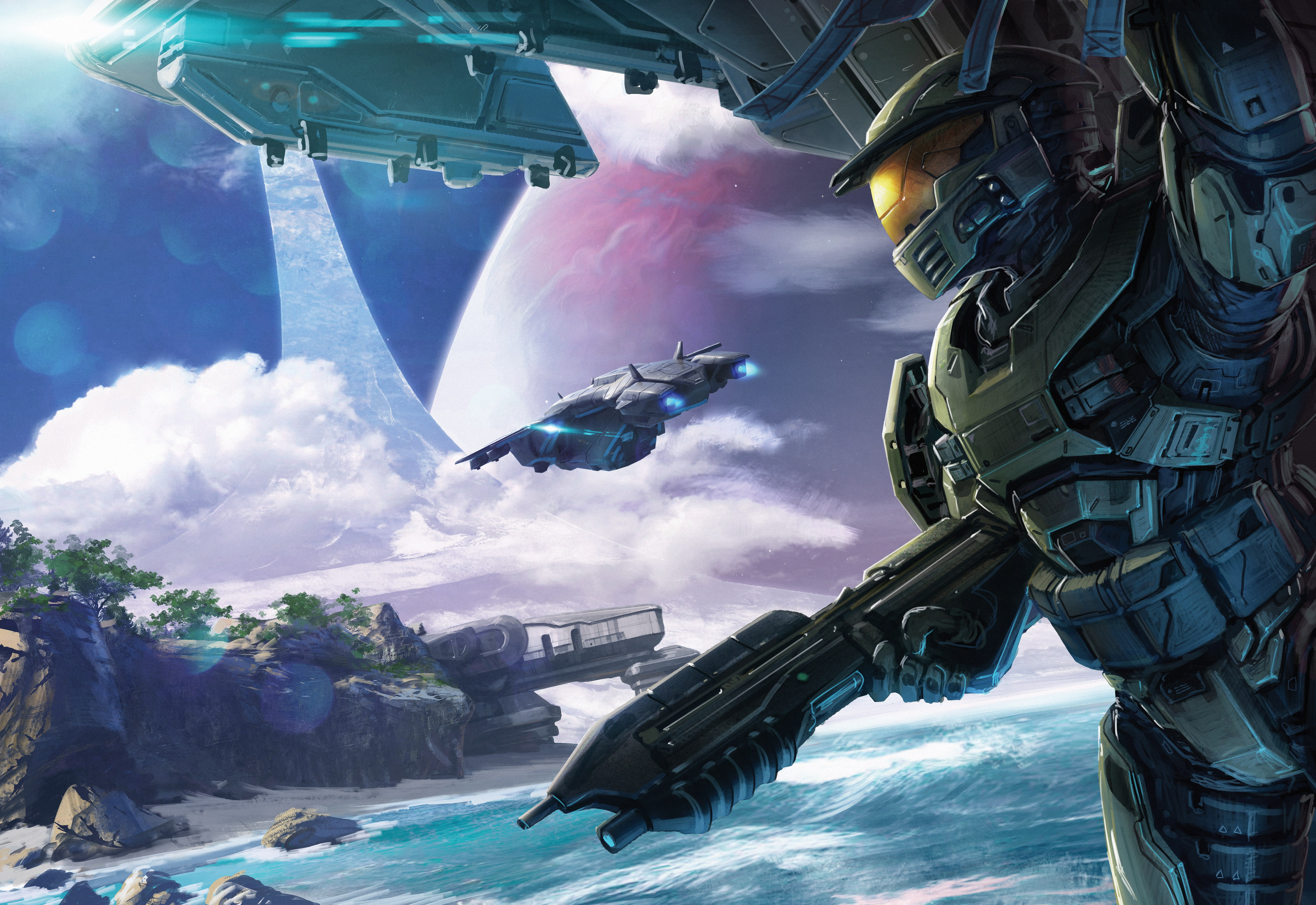 armed forces, military, mid-air, halo 5, flying, mode of transportation, halo, digital art, pc games, sky, on the move, poster, sea, artist, transportation, HD Wallpaper