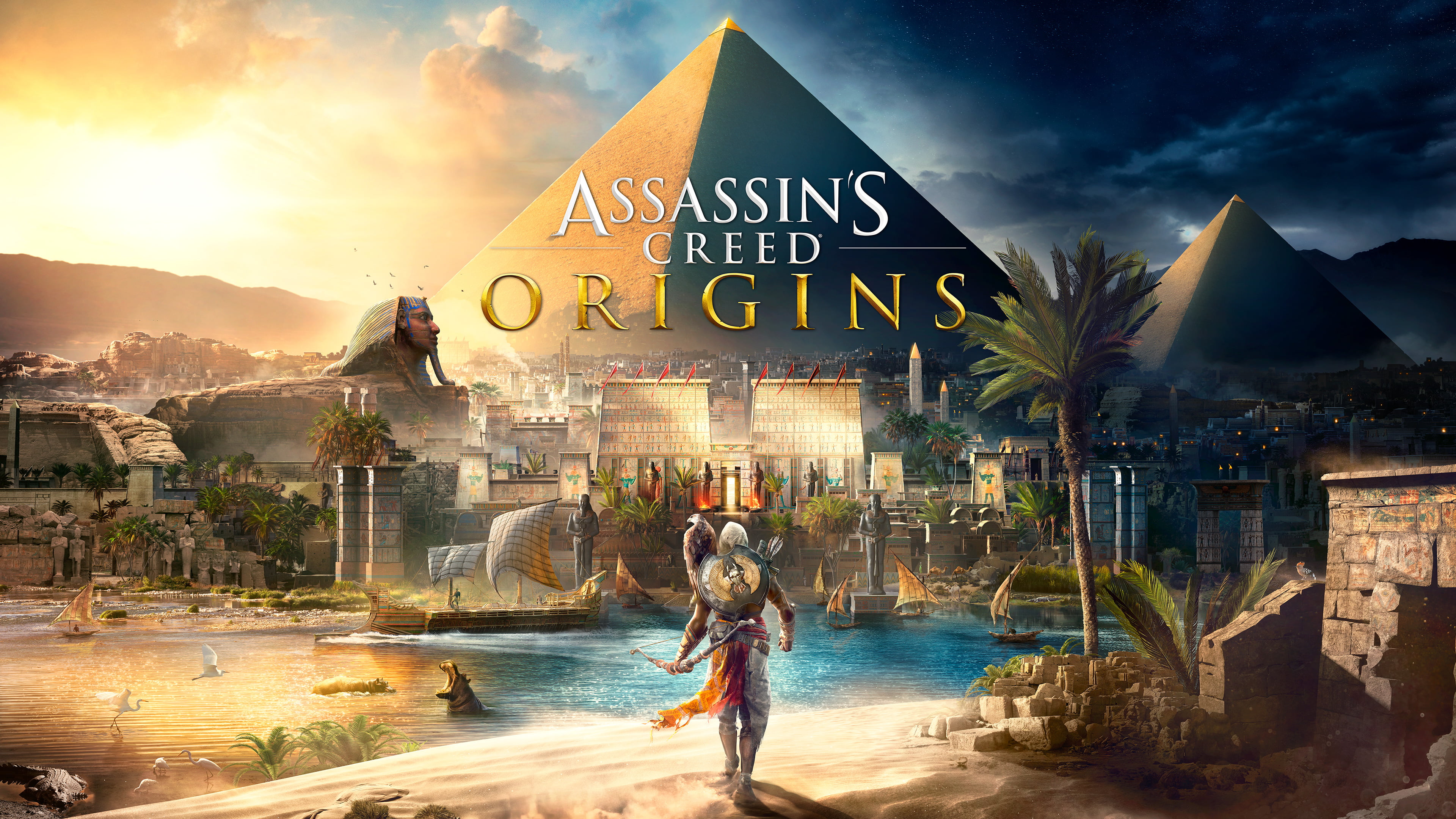 communication, games, sea, ps games, cityscape, representation, pc games, xbox games, connection, sunset, built structure, assassins creed origins, nature, HD Wallpaper