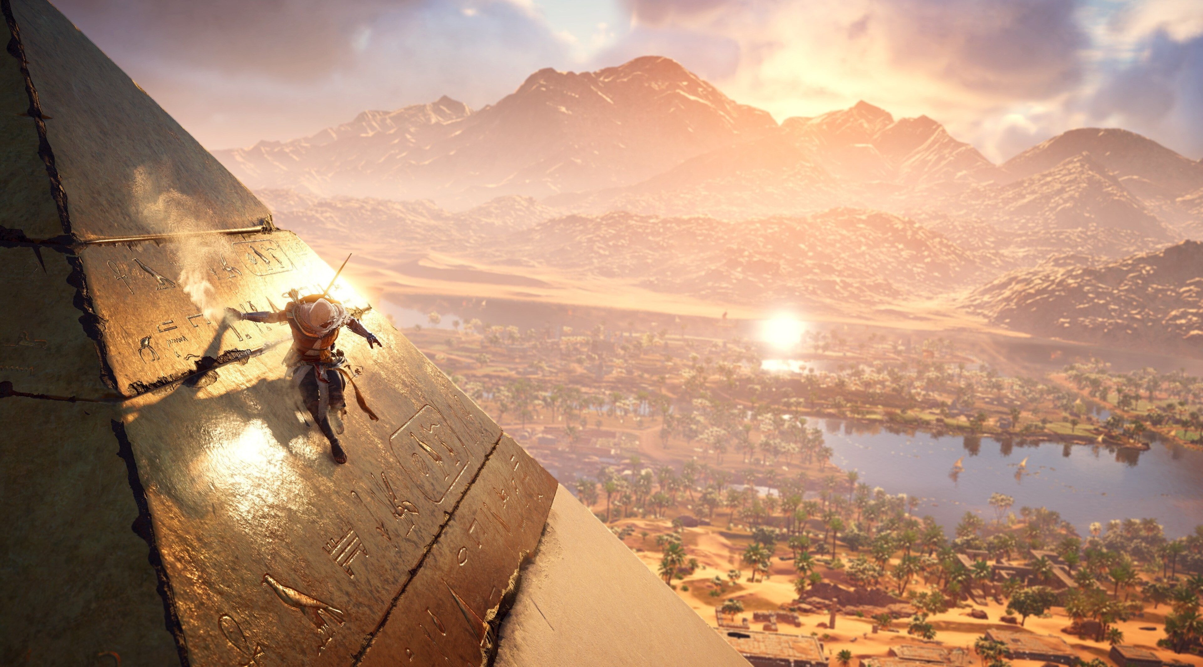 landscape, sun, mountain range, nature, lake, sunset, sky, 4K, tranquil scene, outdoors, lens flare, water, activity, adventure, sunlight, assassins creed origins 4k pic desktop, HD Wallpaper