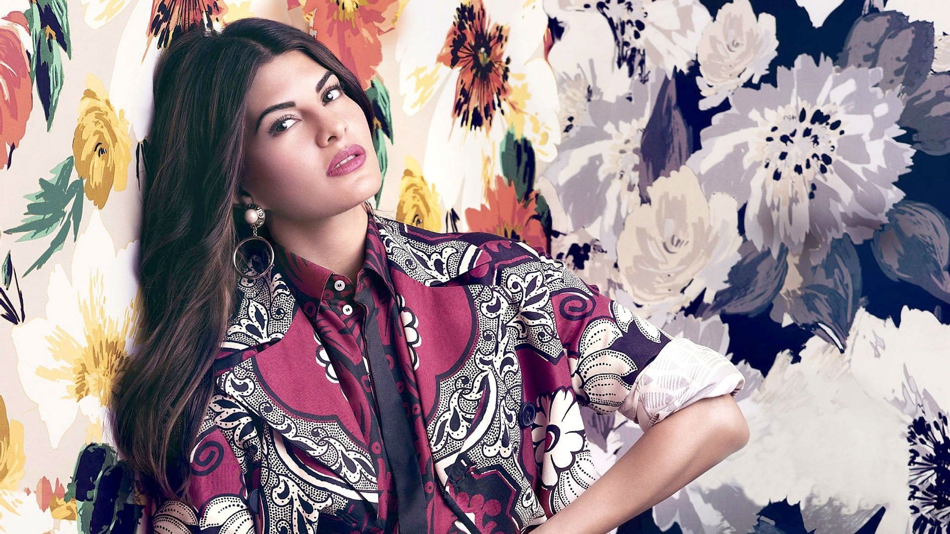 contemplation, front view, young women, jacqueline fernandez  in hd quality, floral pattern, 1080P, long hair, women, looking at camera, hair, hairstyle, HD Wallpaper