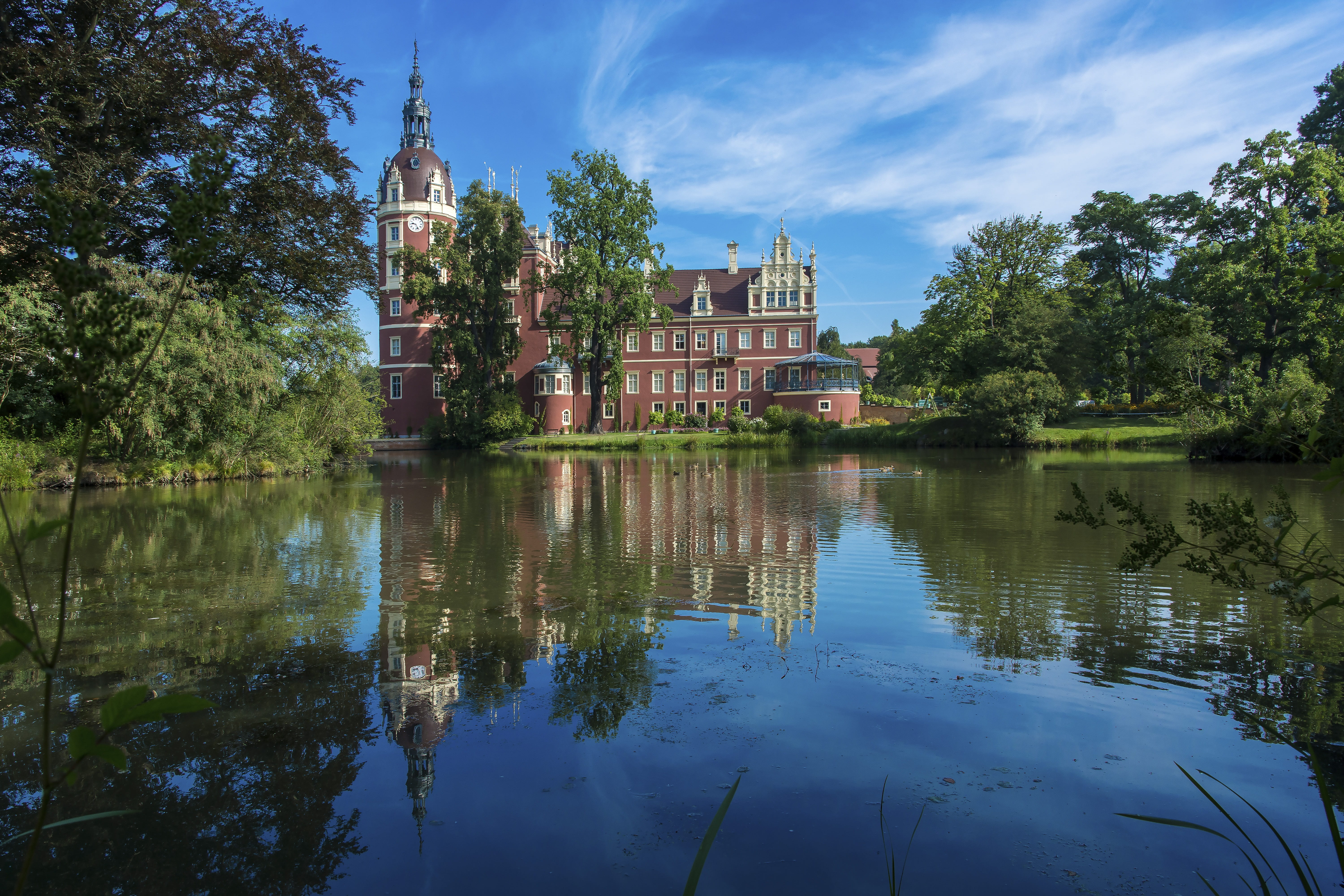 built structure, plant, castle pond, reflection, architecture, religion, germany, lake, places of interest, belief, pond, nature, bad muskau, sky, castle, HD Wallpaper