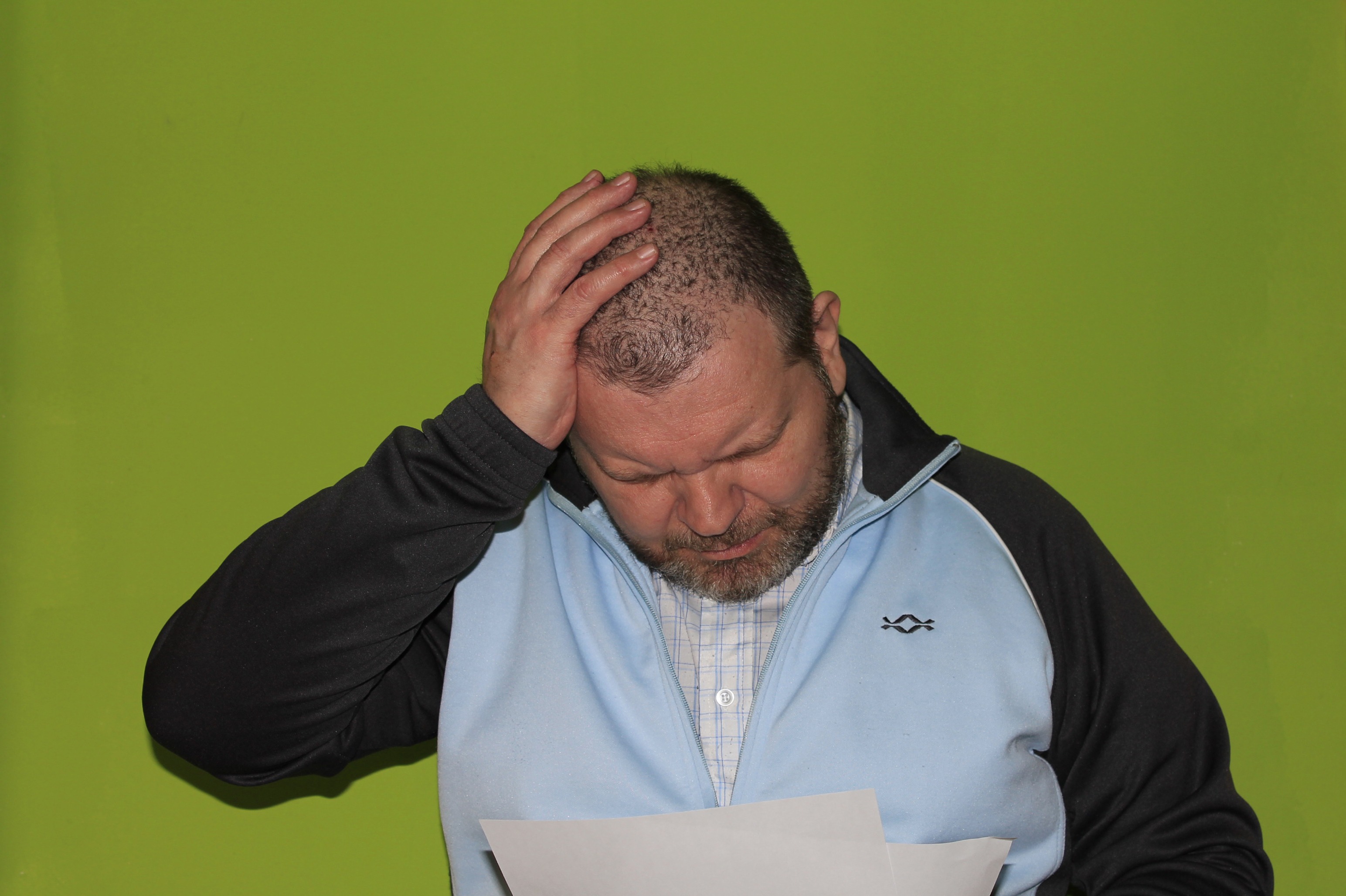 studio shot, 2K, men, man, bad news, front view, adult, mid adult men, portrait, letters, green background, reminder, cease and desist letter, reminders, HD Wallpaper