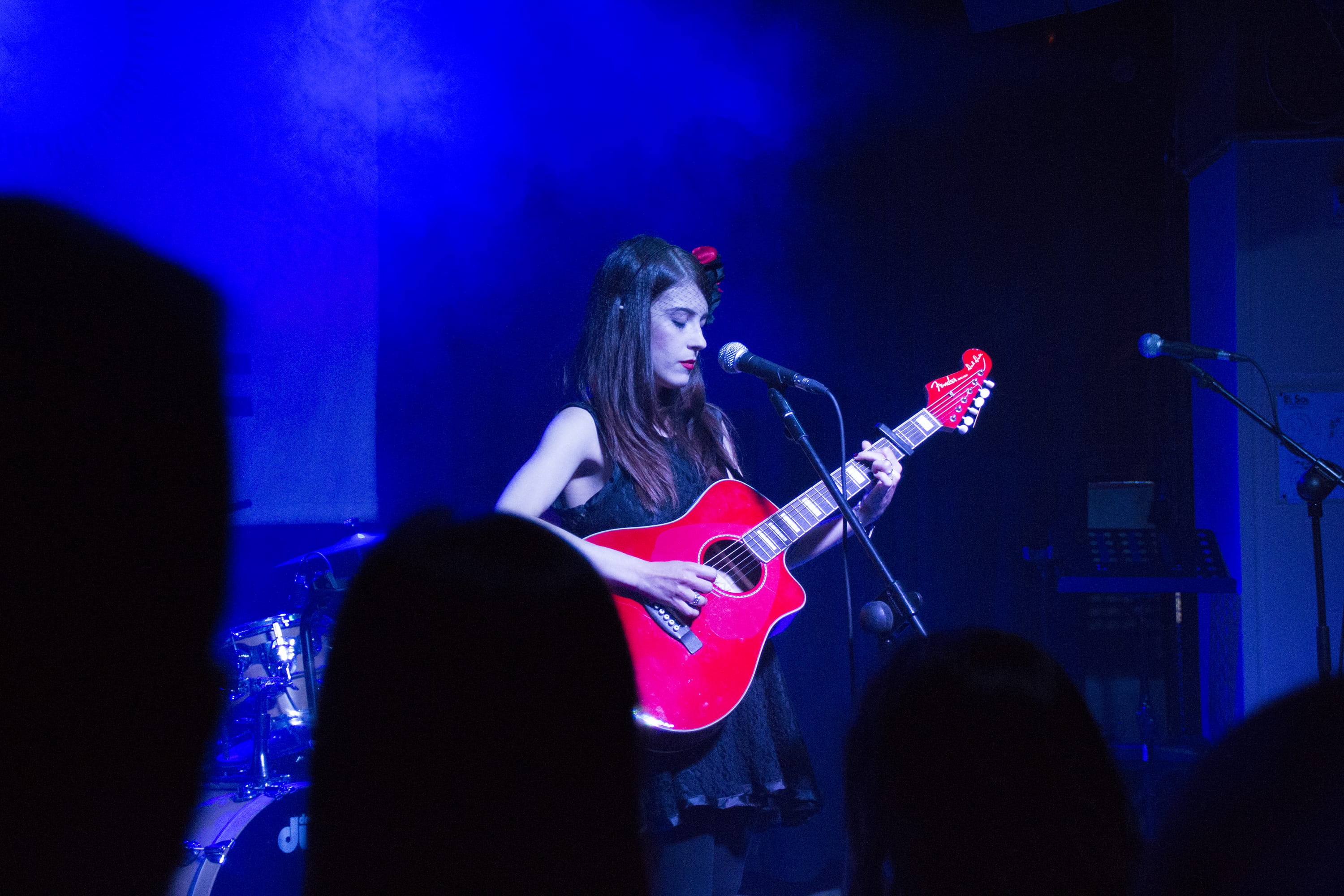 adult, woman, dark, spain, indoors, string instrument, arts culture and entertainment, musician, musical equipment, artist, electric guitar, red, 2K, playing, HD Wallpaper