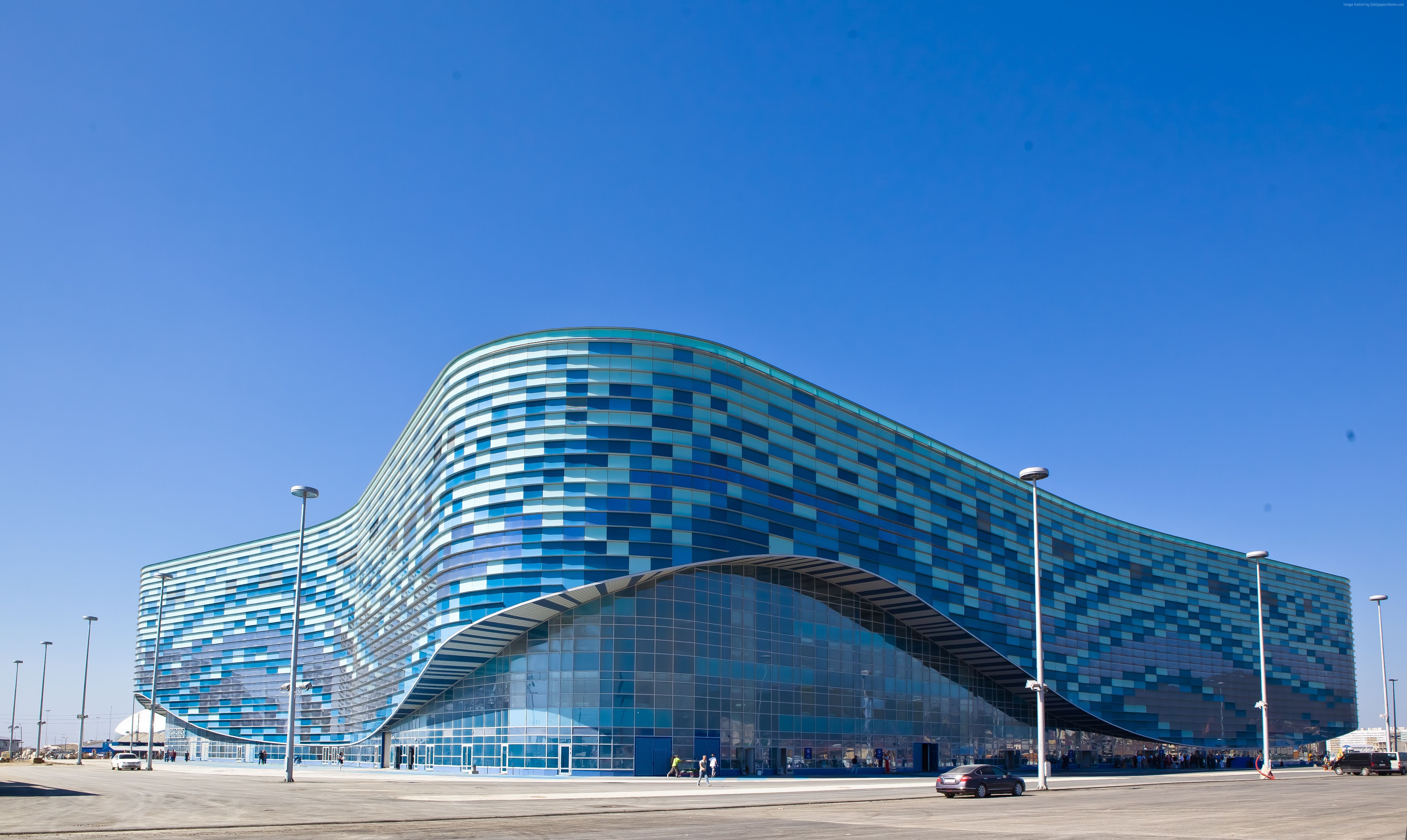 Iceberg Skating Palace, Russia, 5K, tourism, travel, Sochi, blue, HD Wallpaper