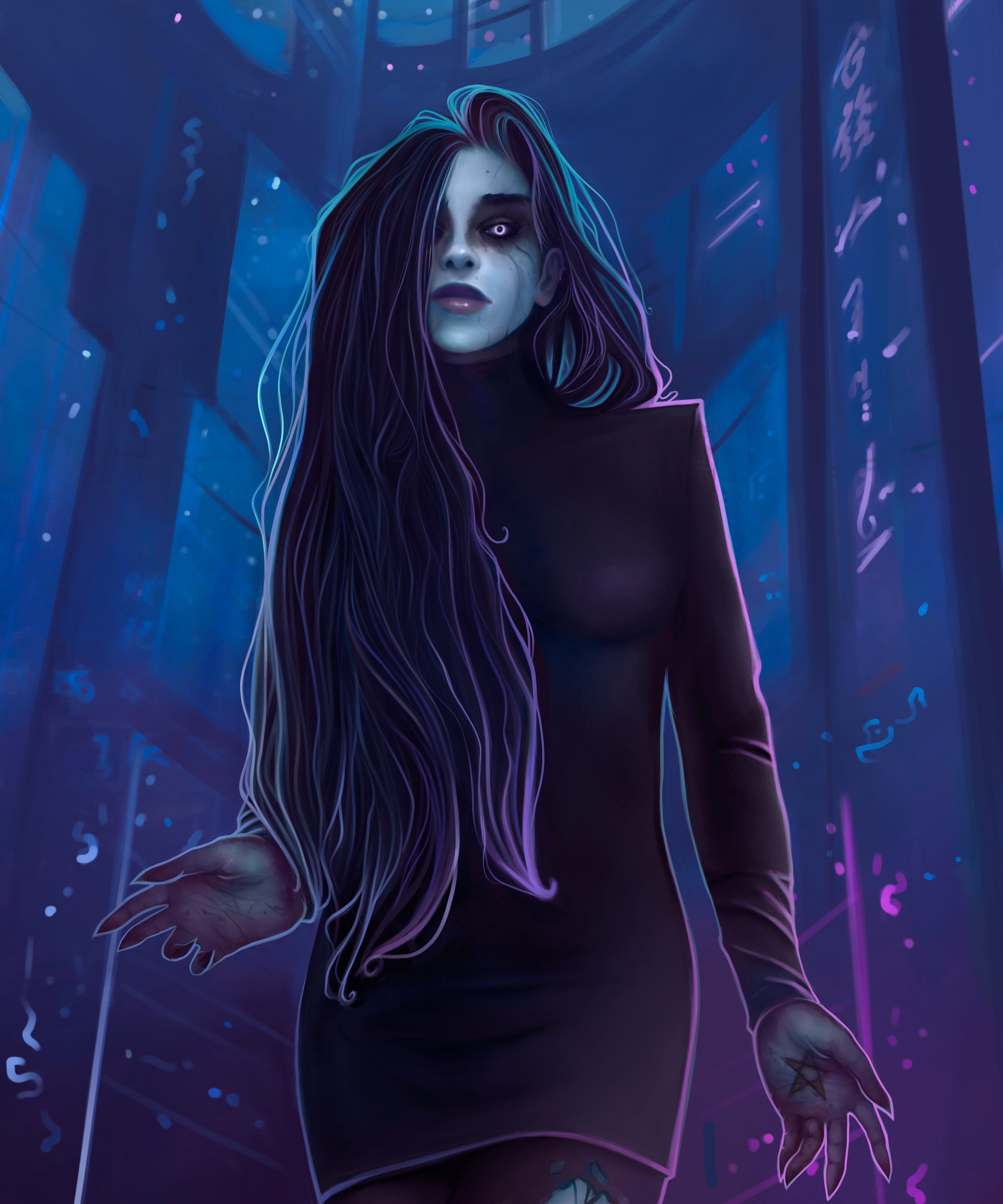 digital painting, violet eyes, digital art, vampires, women, long hair, dark hair, Black clothes, ArtStation, Mhir ART, black hair, long nails, 4K, portrait display, Phone HD Wallpaper