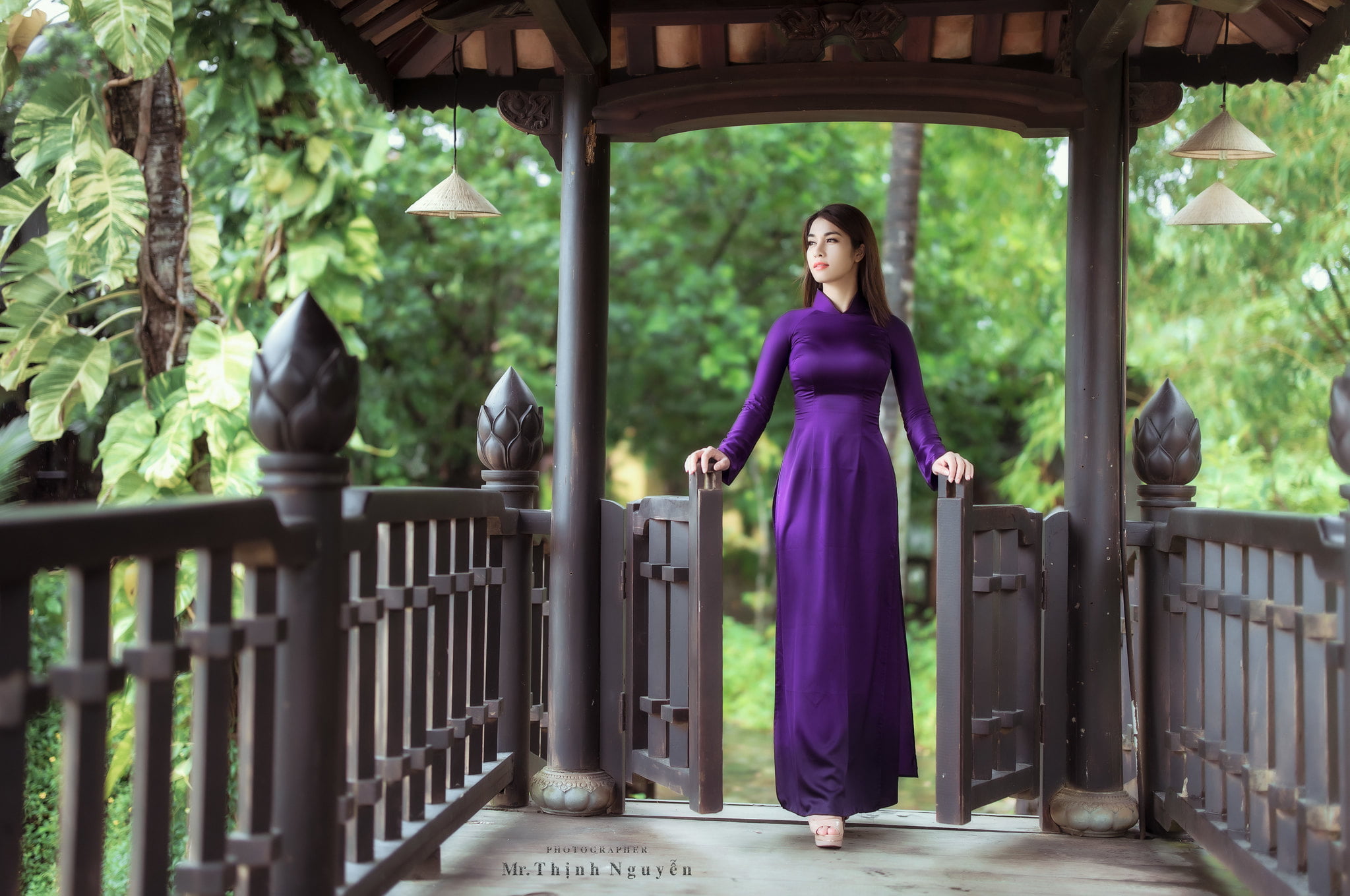 women, long hair, violet dress, Asian, pavilion, 1080P, brunette, model, traditional clothing, HD Wallpaper