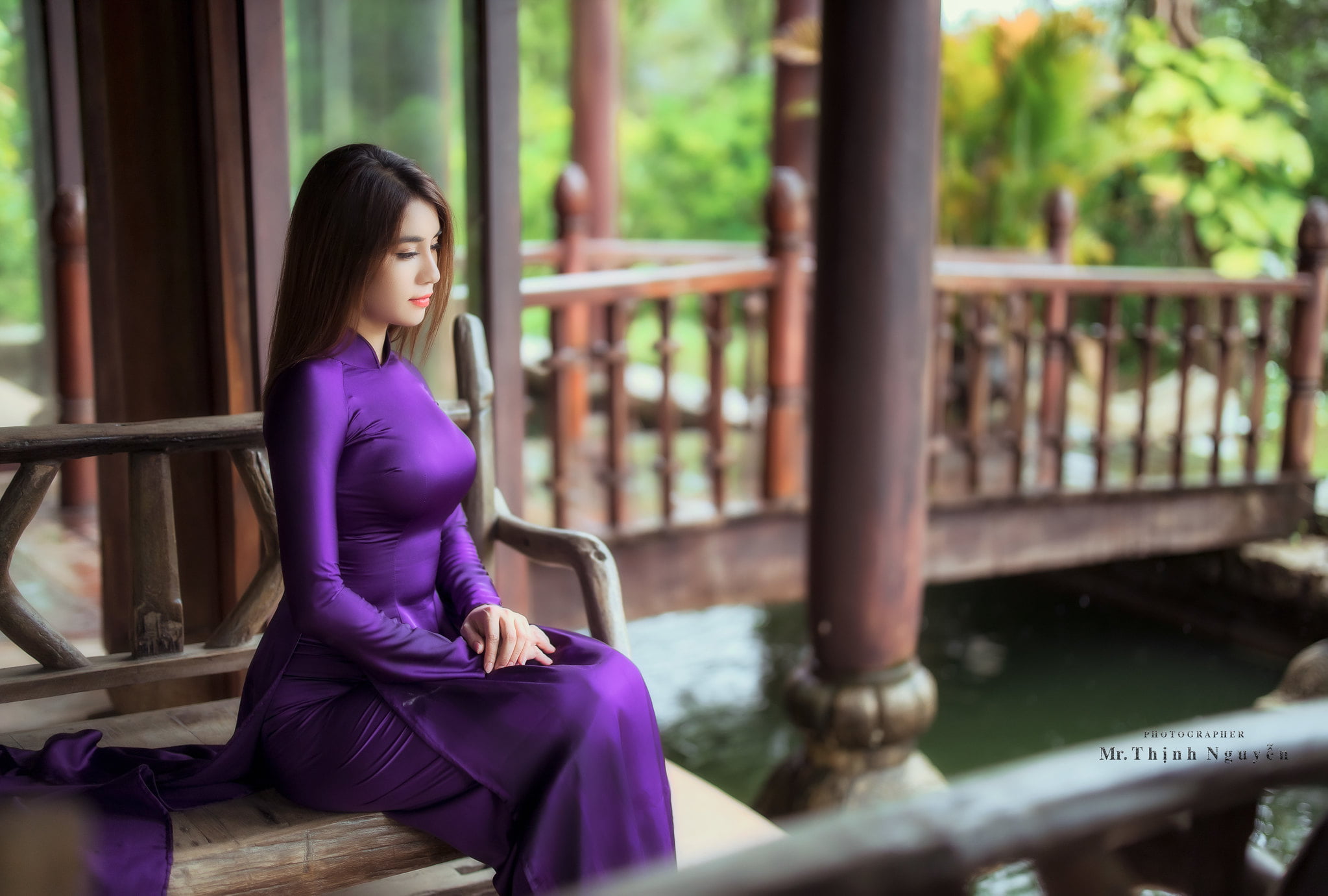 Asian, pavilion, sitting, women, model, long hair, brunette, 1080P, traditional clothing, violet dress, HD Wallpaper